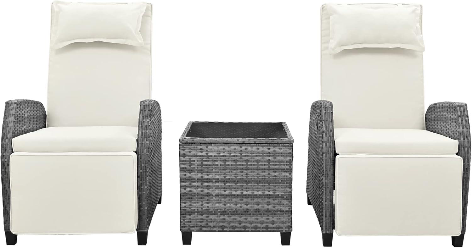 Outdoor Recliner Chairs Set of 2, 3 Piece Rattan Sofa Set, Patio Rocking Chairs Set with Adjustable Footrest, Outdoor Rattan Reclining Chairs with Table & Pillow for Backyard, Porch (Beige)