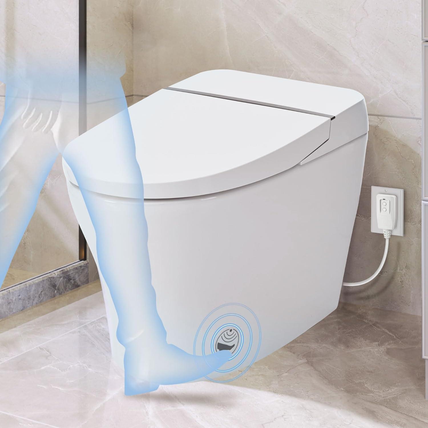 Smart Toilet Bidet Combo With Self-Cleaning Nozzle,Upmarket Compact Dual Flush Toilet 1/1.28 GPF,Tank Less Toilet With Foot Sensor Flush,White Night Light,Knob Control,Power Outage Flushing,Soft Close
