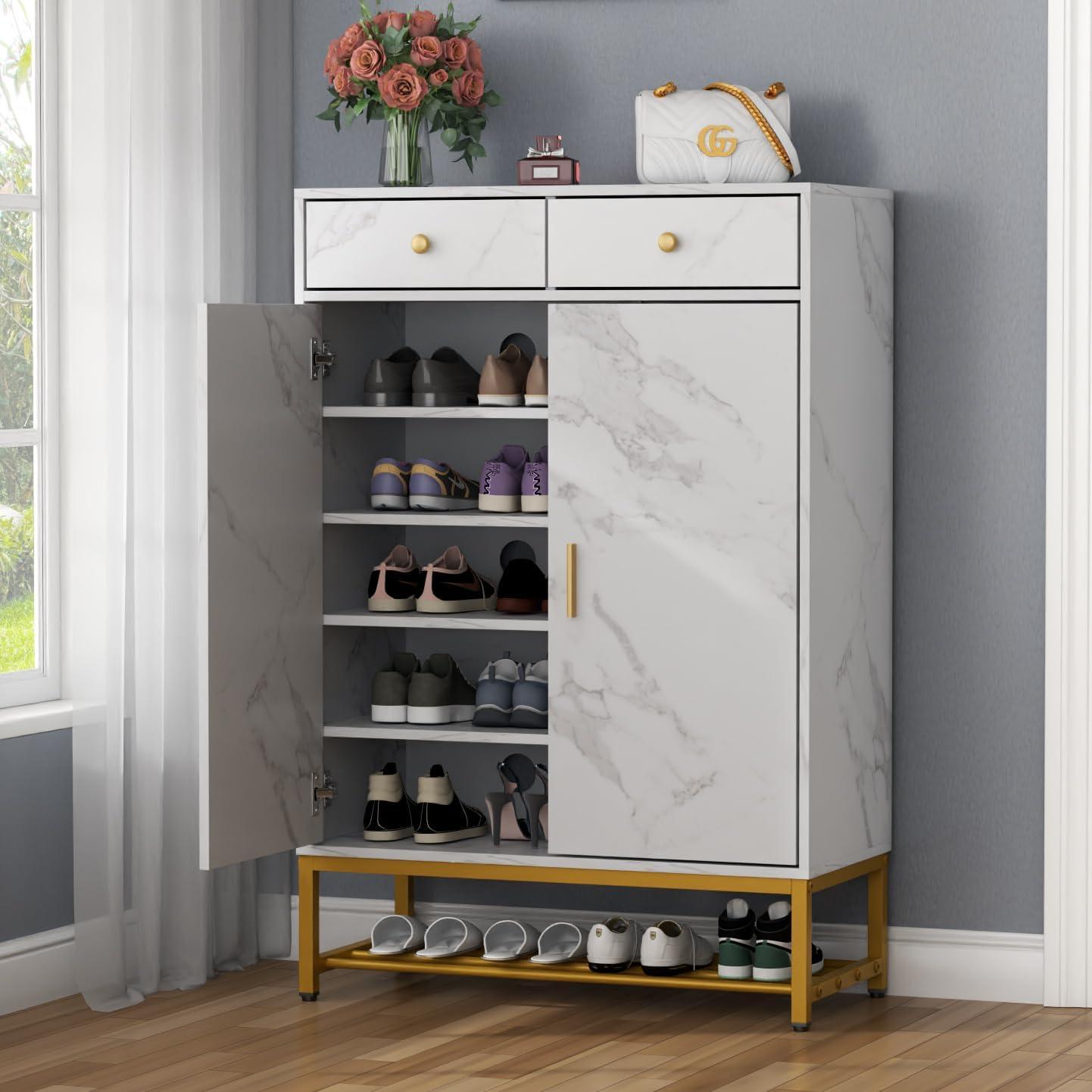 White Faux Marble 6-Tier Shoe Cabinet with Adjustable Shelves