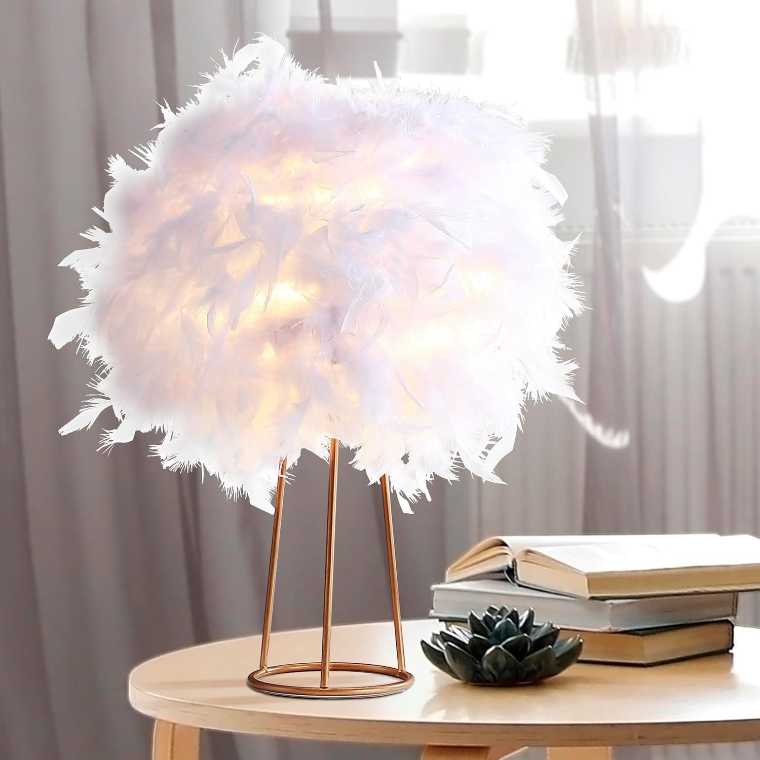 JONATHAN Y JYL9051A Stork 16" Feather Metal LED Table Lamp Contemporary Bedside Desk Nightstand Lamp for Bedroom Living Room Office College Bookcase LED Bulb Included, White/Gold