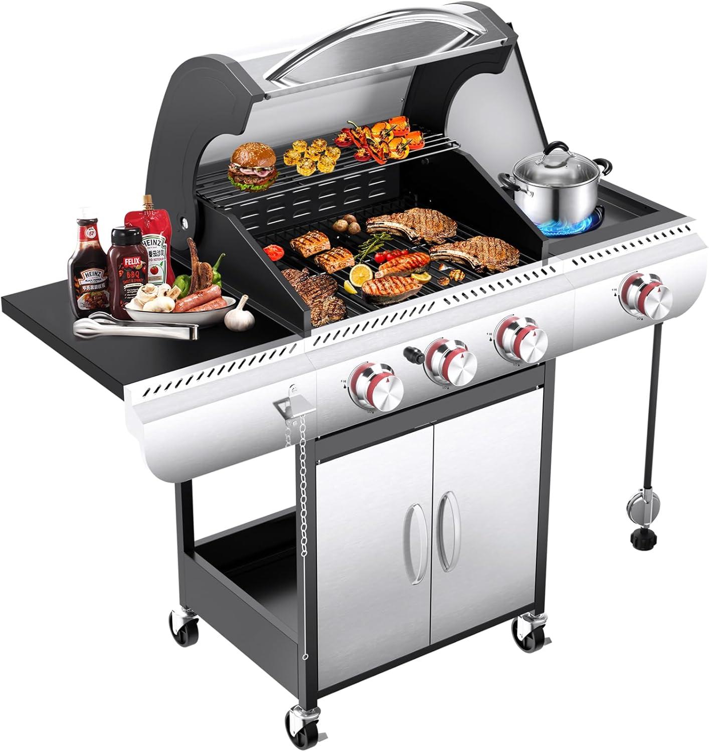 R.W.FLAME 4-Burner Propane Gas BBQ Grill with Side Burner & Cast iron grill net and baking pan, 42,000 BTU Stainless Steel Cabinet Style Propane Grill