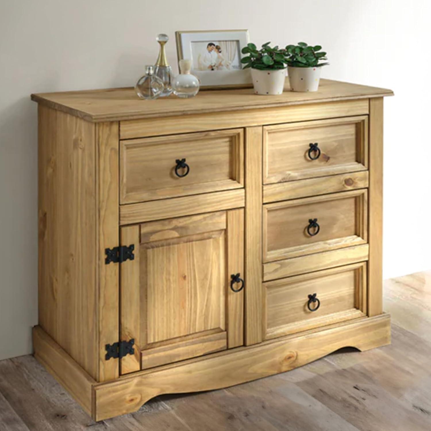 Antique Brown Solid Pine Wood Sideboard with 1 Door and 4 Drawers