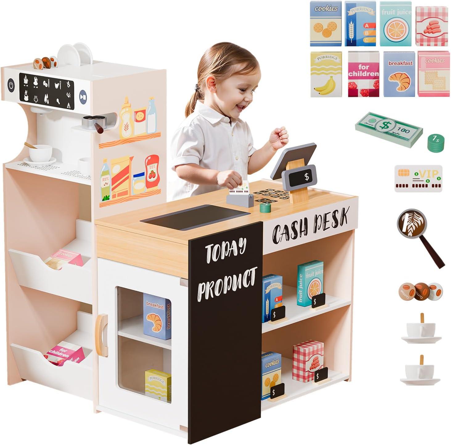 JOYMOR Grocery Store Pretend Play, Interactive Wooden Supermarket Toy Playset w/Vending Coffee Machine, Selling & Shopping Accessories 2-in-1, Toddler Play Store Perfect for Christmas Birthday Gifts