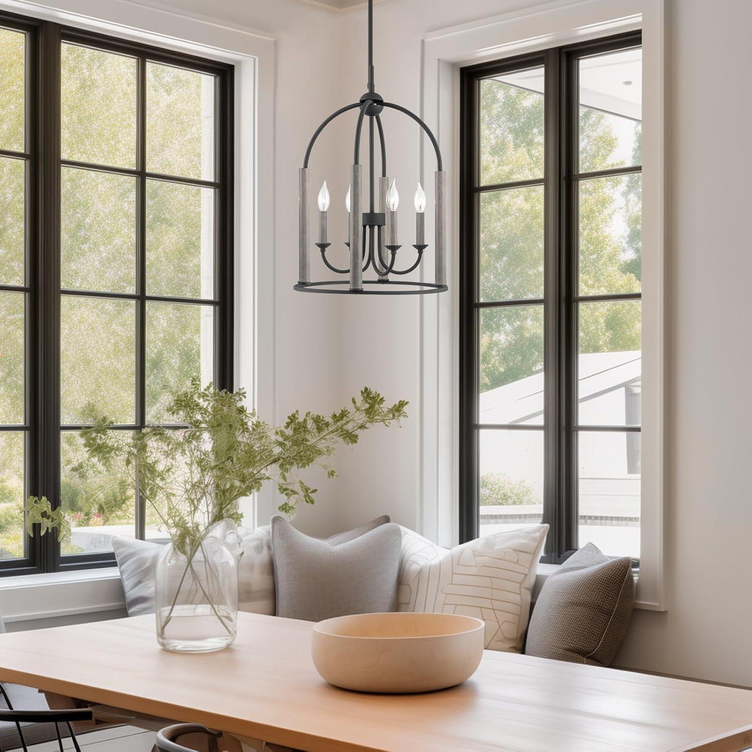 Kira Home Ballard 21" 4-Light Farmhouse Pendant Light, Gray Oak Wood Style + Sandblasted Black Finish