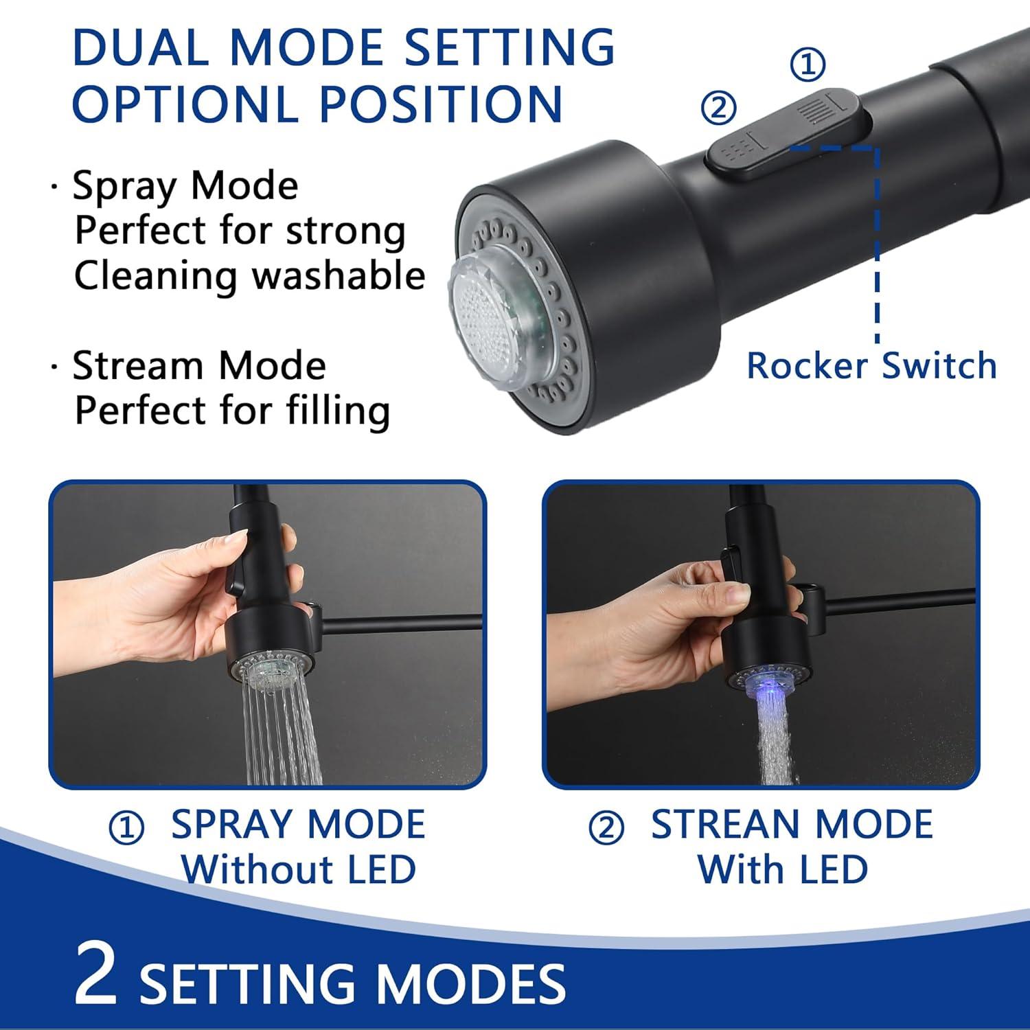 Kitchen Sink Faucet, Pull Down Spring Single Handle Stainless Steel Faucet with Sprayer with LED Light for bar Laundry and Utility Sink faucets (Matte Black)