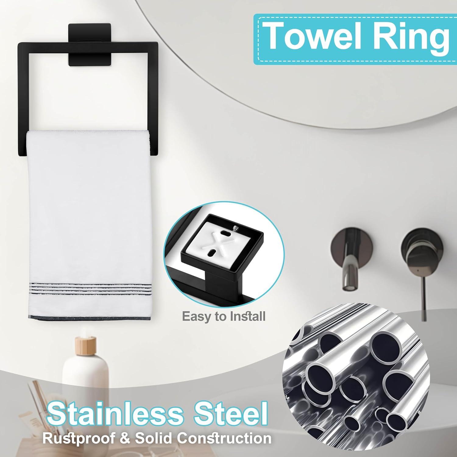 5 Pieces Square Matte Black Stainless Steel Bathroom Accessories Set Include 23.6 in Towel Bar, Toilet Paper Holder, Towel Ring, 2 Robe Towel Hooks