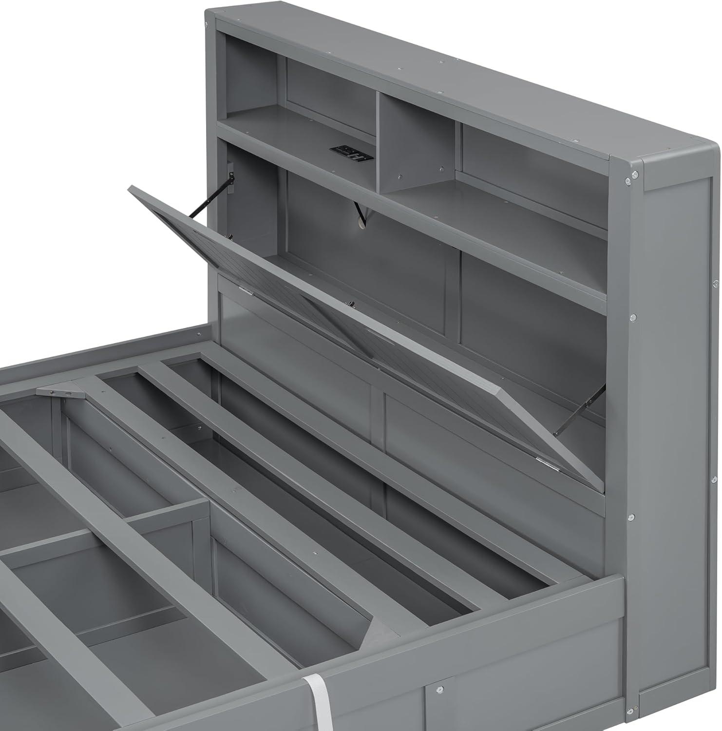 Linique Hydraulic Platform Bed, Wood Full Size Bed Frame with Storage LED Headboard, Built-in Charging Station and 2 Drawers (White)