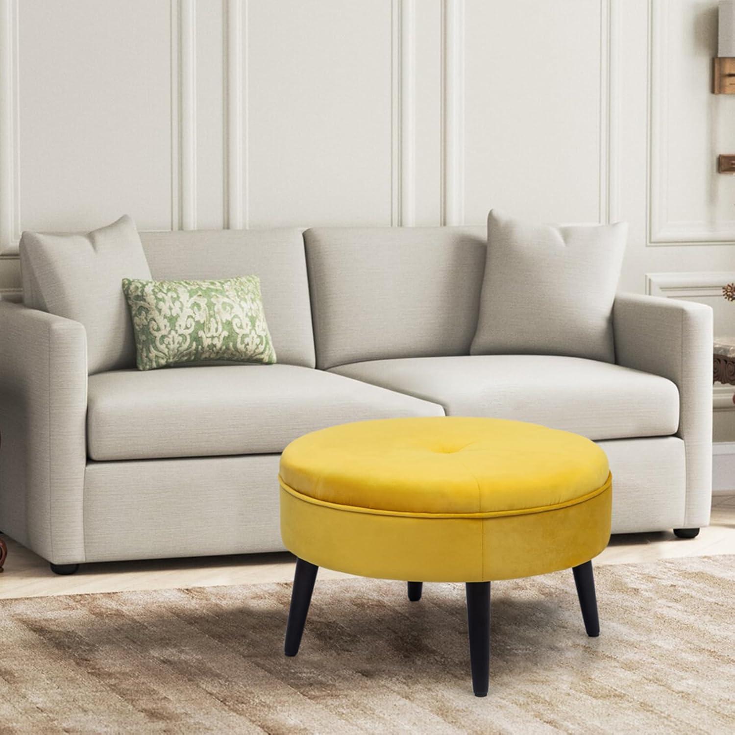Joveco Small Round Ottoman, Velvet Upholstered Footrest Stool Seat with Wooden Legs, Vanity Stool Coffee Table for Bedroom Living Room (Yellow)