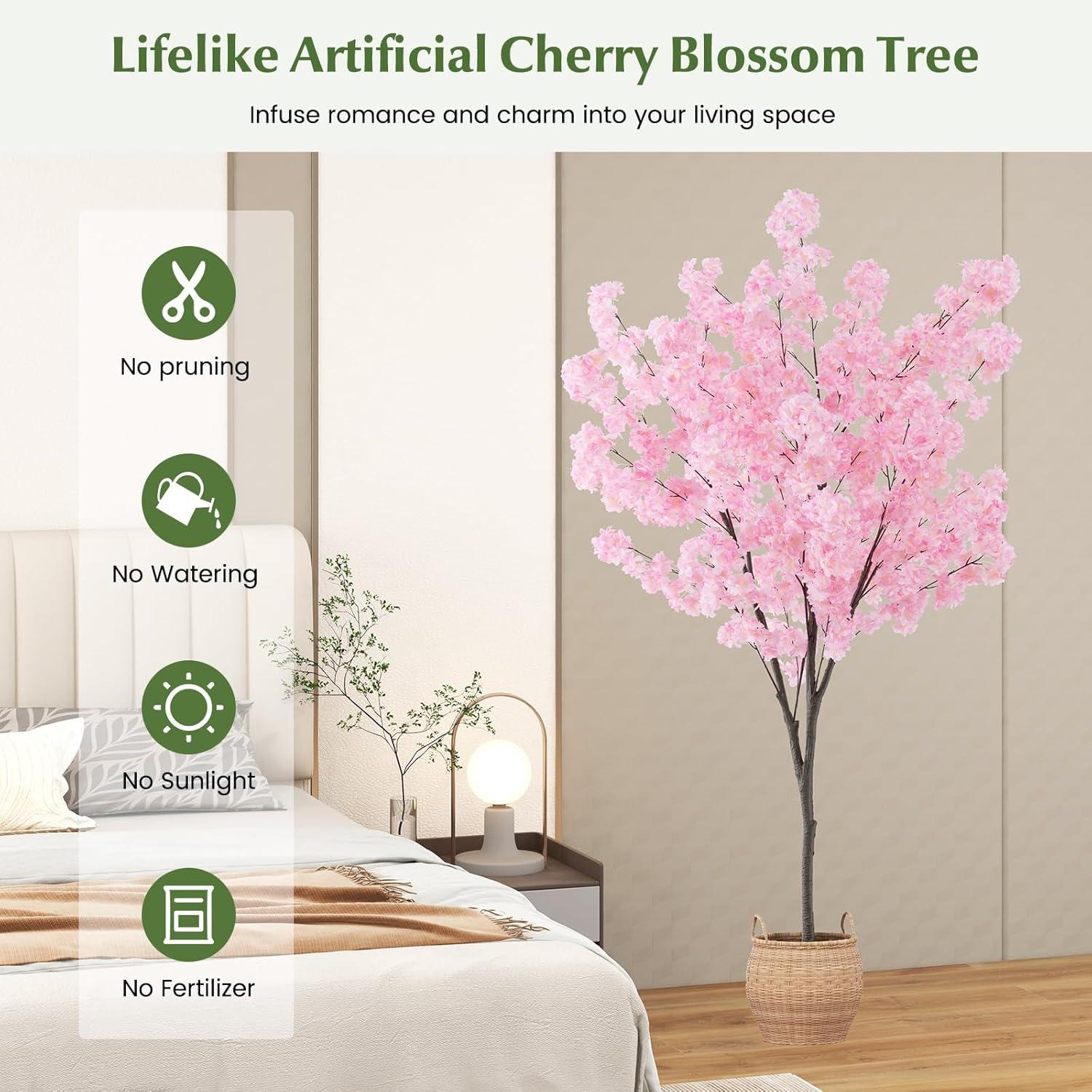 Spaco 6.5 FT Tall Artificial Cherry Blossom Tree with 1170 Pink Flowers, Artificial Cherry Blossom Tree with Stable Structure, Versatile Artificial Cherry Blossom Tree for Indoor and Outdoor, Pink