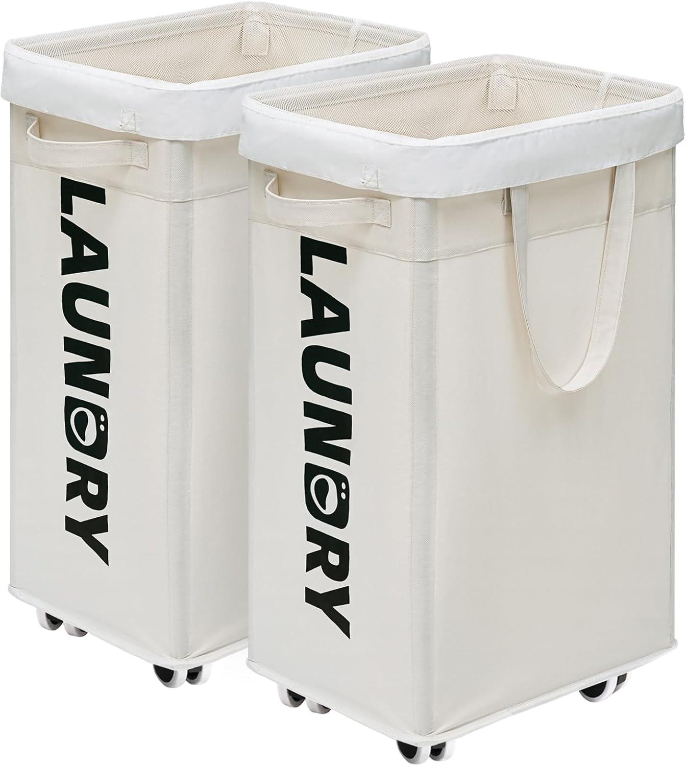 CHICVITA 2-Pack Laundry Baskets with Wheels and Handle,75L Collapsible Clothes Basket with Removable Wash Bags for Dorms and Corners, White Rolling Laundry Hamper