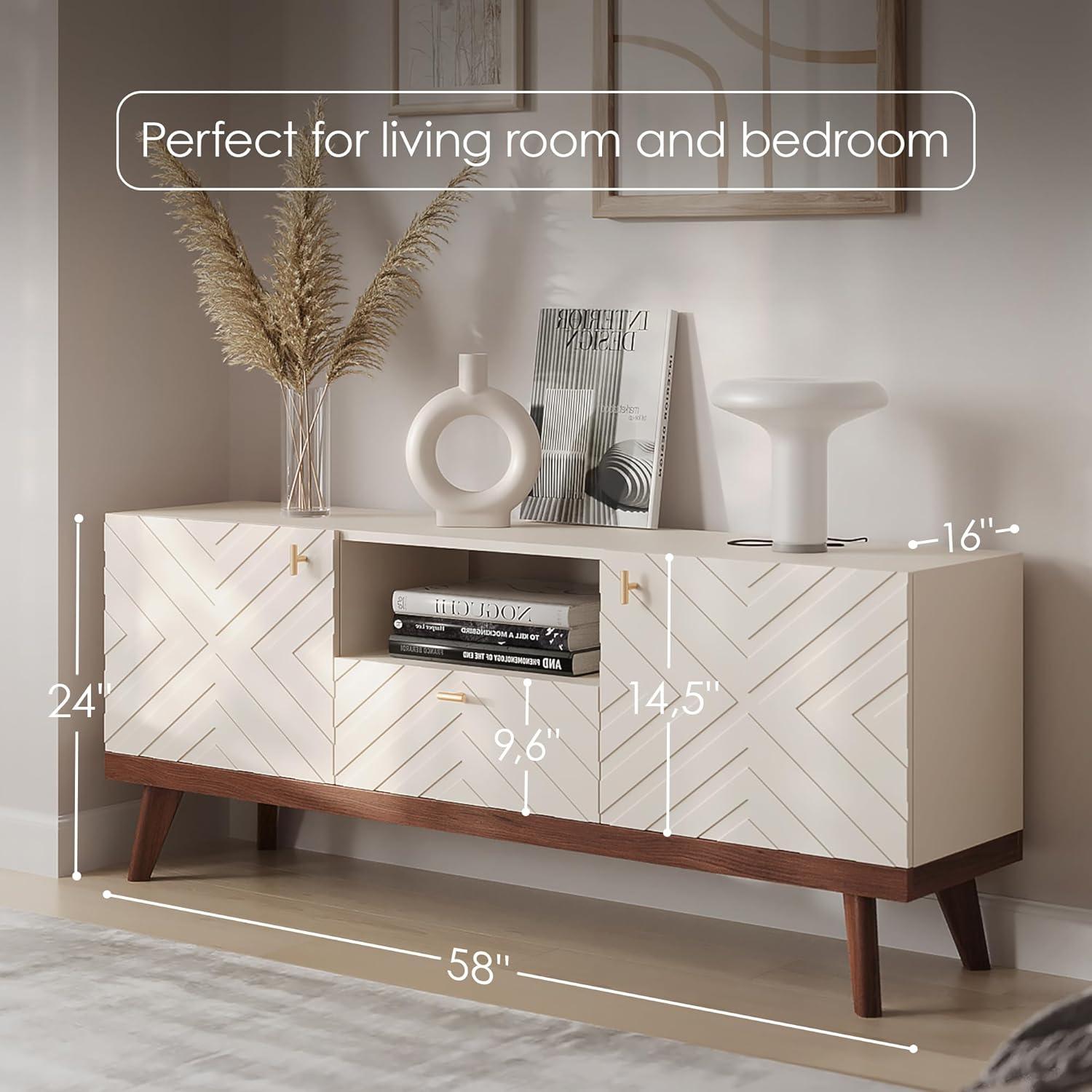 Living Skog  Alba Beige TV Stand Console with Drawer Fits TV's up to 65 in. with Wood Legs Mid Century Modern Design Beige Laminate Up to 240 lbs