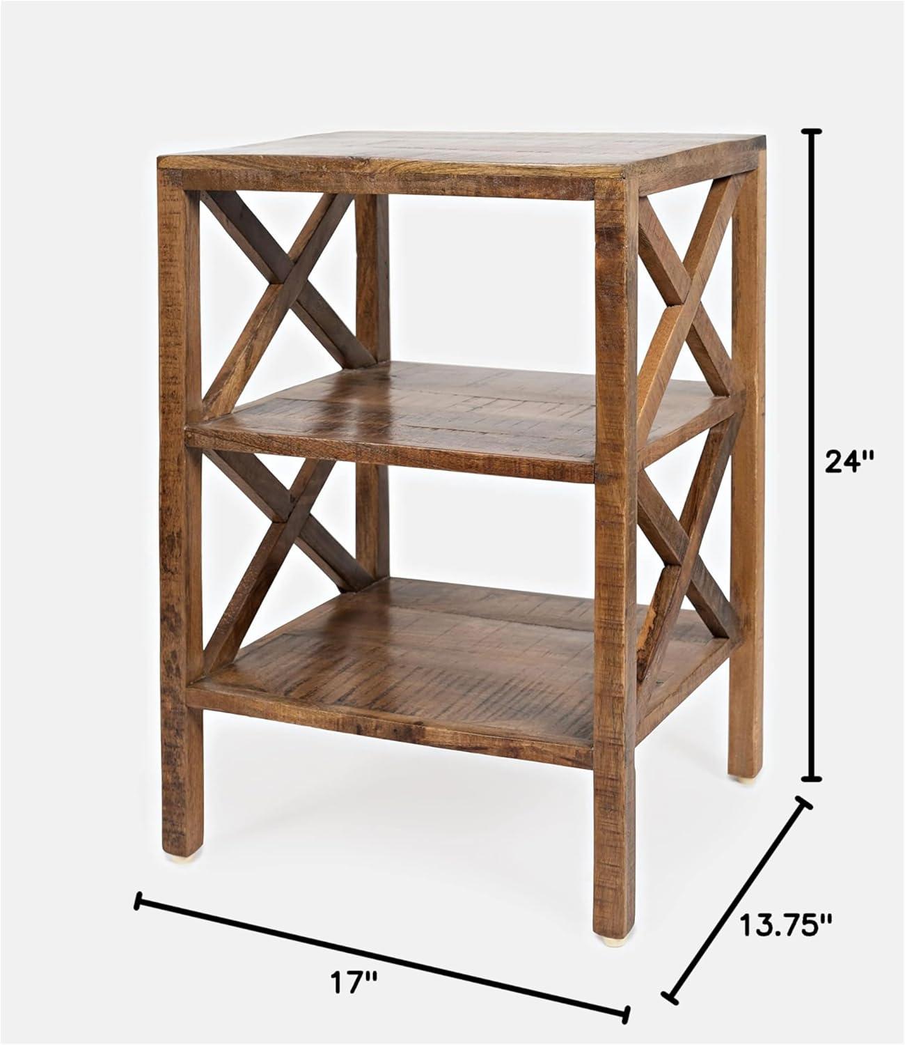 Jofran, Global Archive Solid Wood Rustic Modern X-Side Accent Table with Two Shelves, Red
