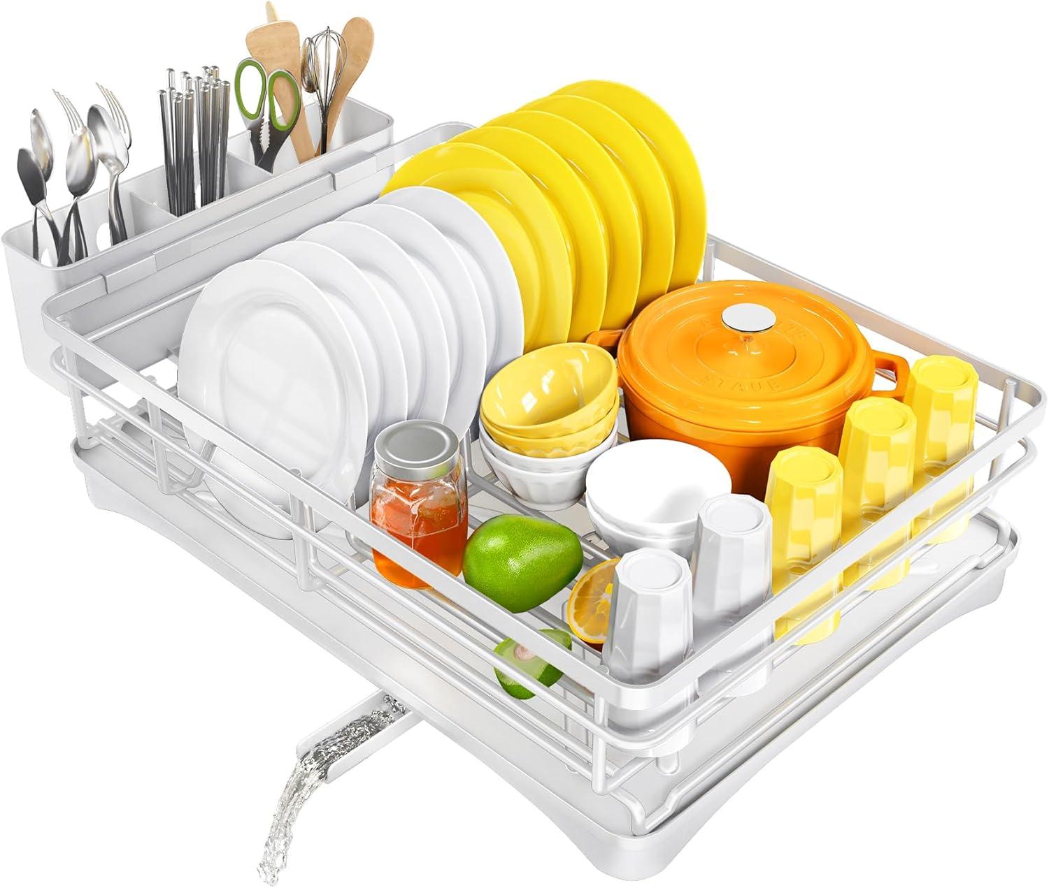 Expandable Stainless Steel Dish Drying Rack with Utensil Holder, White