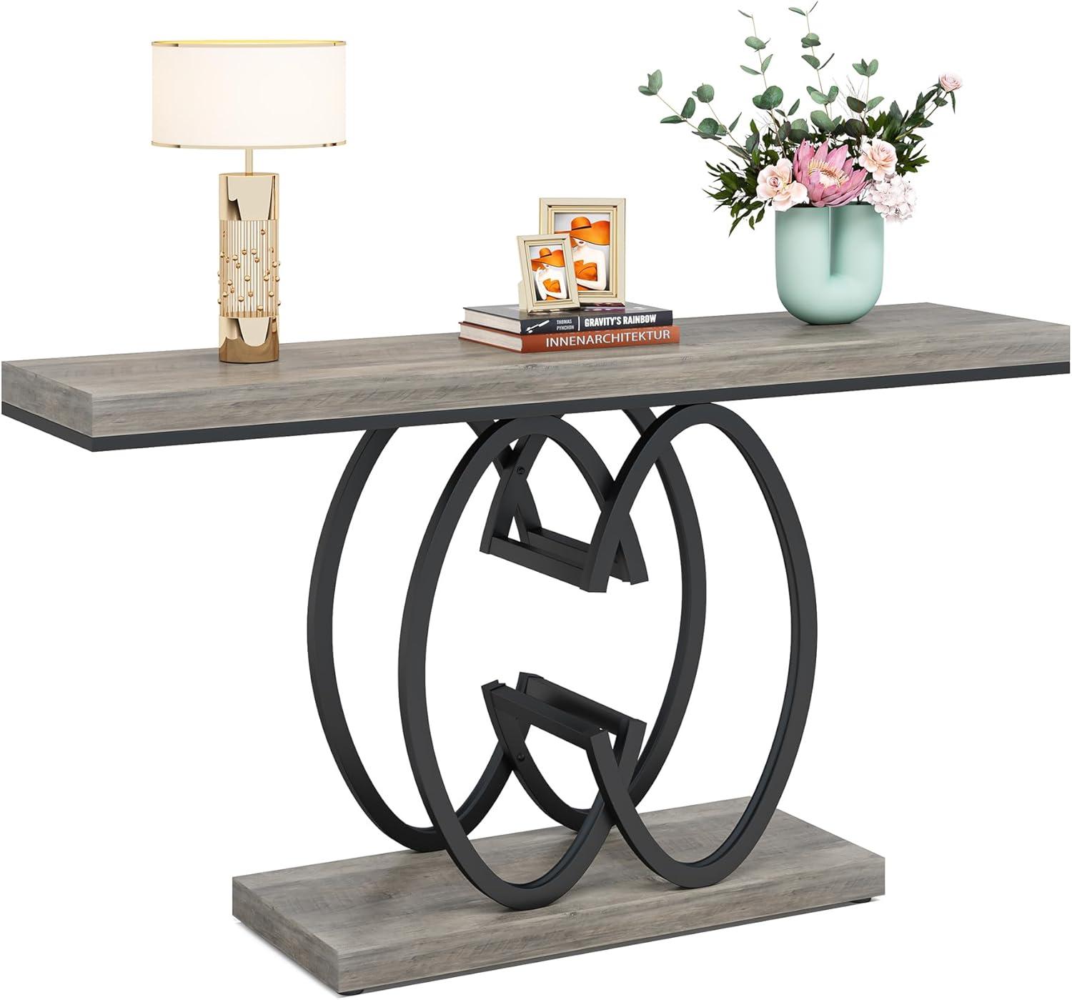 Gray Faux Marble and Black Metal Console Table with Geometric Base