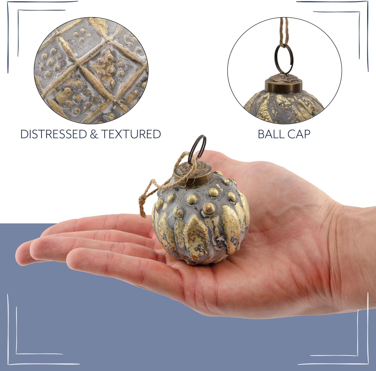 AuldHome 2" Farmhouse Ball Ornaments, Set of 6; Distressed Metal Tin Glass Ball Vintage Style Christmas Decorations