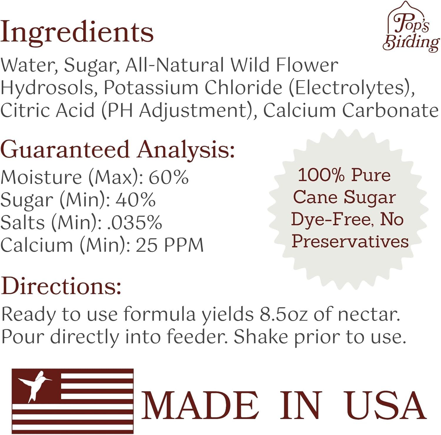 POP’S Nectarade Hummingbird Nectar Concentrate - Delicious & Sweet Hummingbird Food Made in The USA - Natural Ingredients & Dye Free(Ready to Use, All Natural Clear Formula, 8.5 oz)