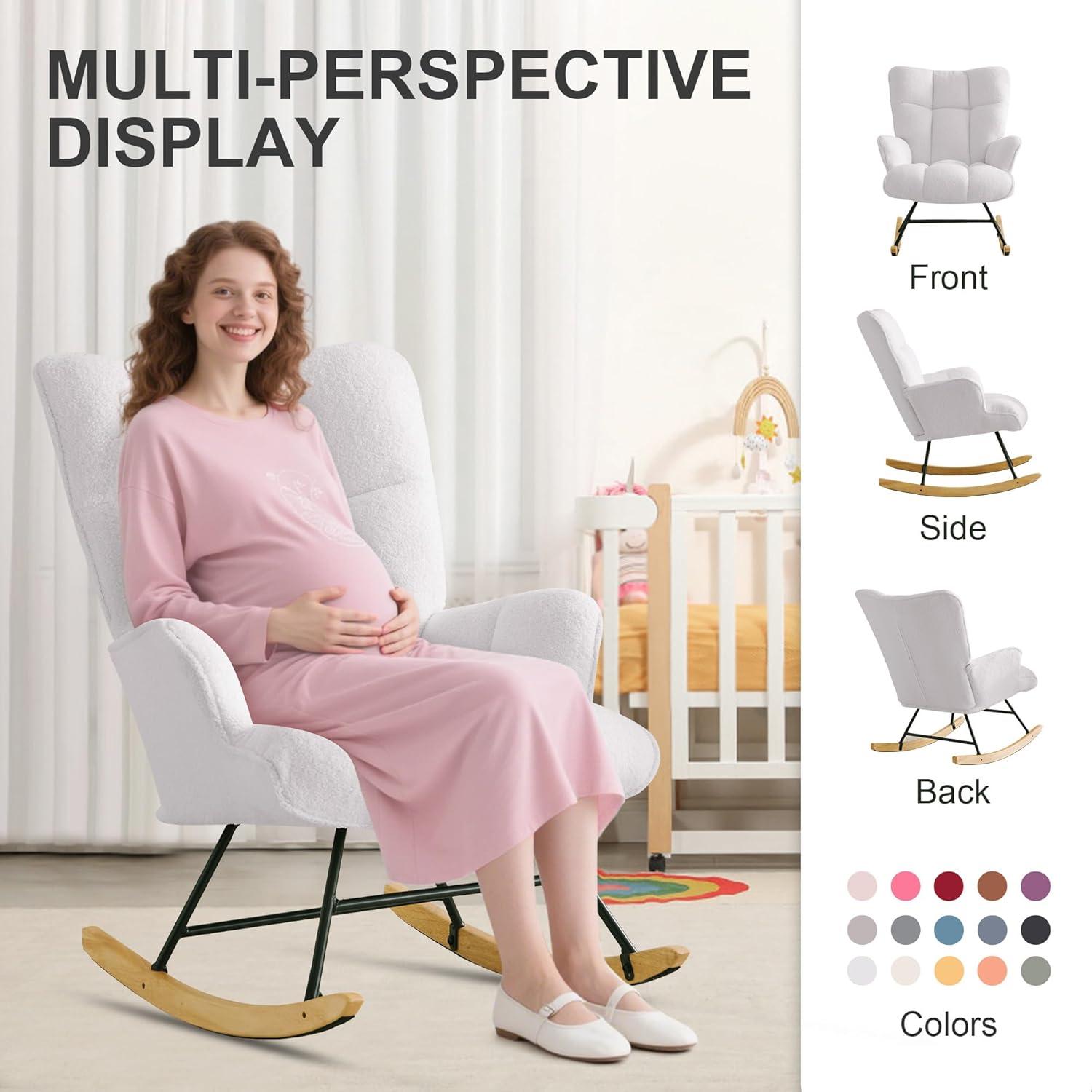 Nursery Rocking Chair Teddy, Upholstered Glider Rocker with High Backrest, Comfortable Stylish Accent Armchair with Padded Seat for Living Rooms, Bedrooms, Offices