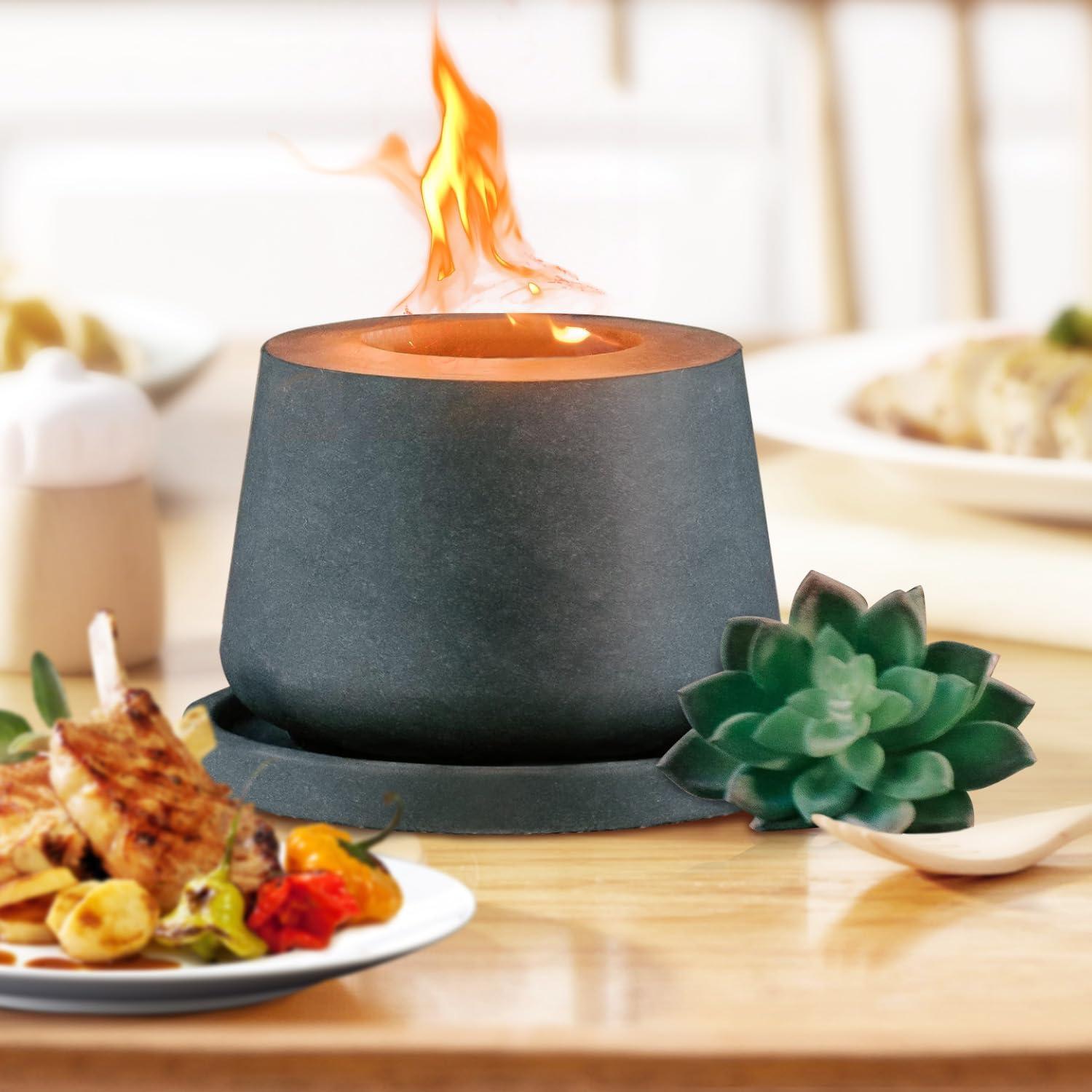 Gray Round Concrete Tabletop Fire Pit with Metal Extinguisher