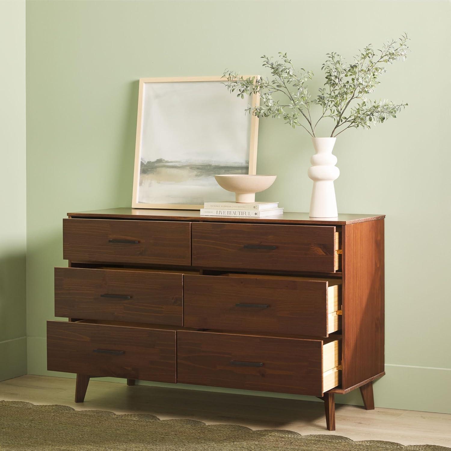 Walnut Solid Pine Wood 6-Drawer Dresser with Metal Handles