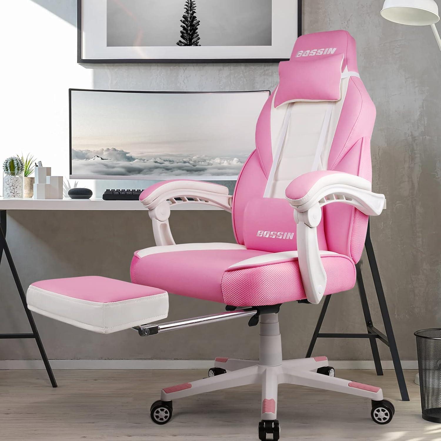 Bossin Gaming Chairs with Footrest, Massage Leather Game Chair for Adults, Big and Tall Gamer Chair with Headrest and Lumbar Support