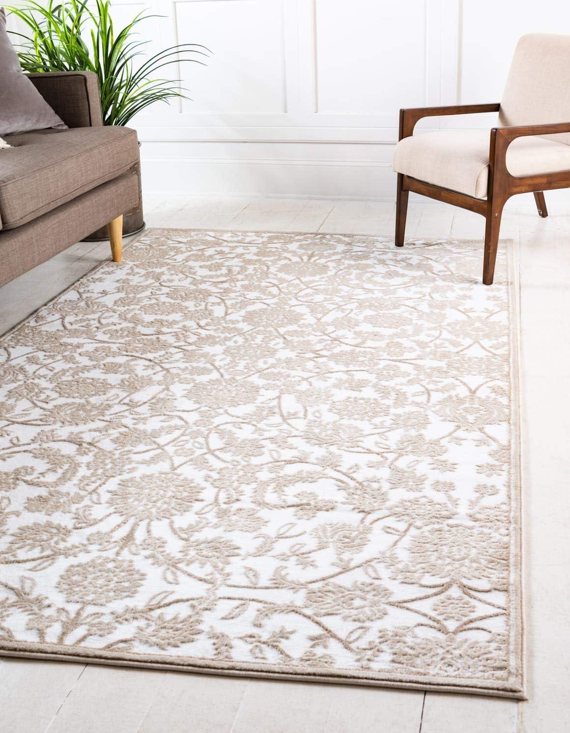 Ivory Floral Rectangular Stain-Resistant Synthetic Rug, 10x13 ft