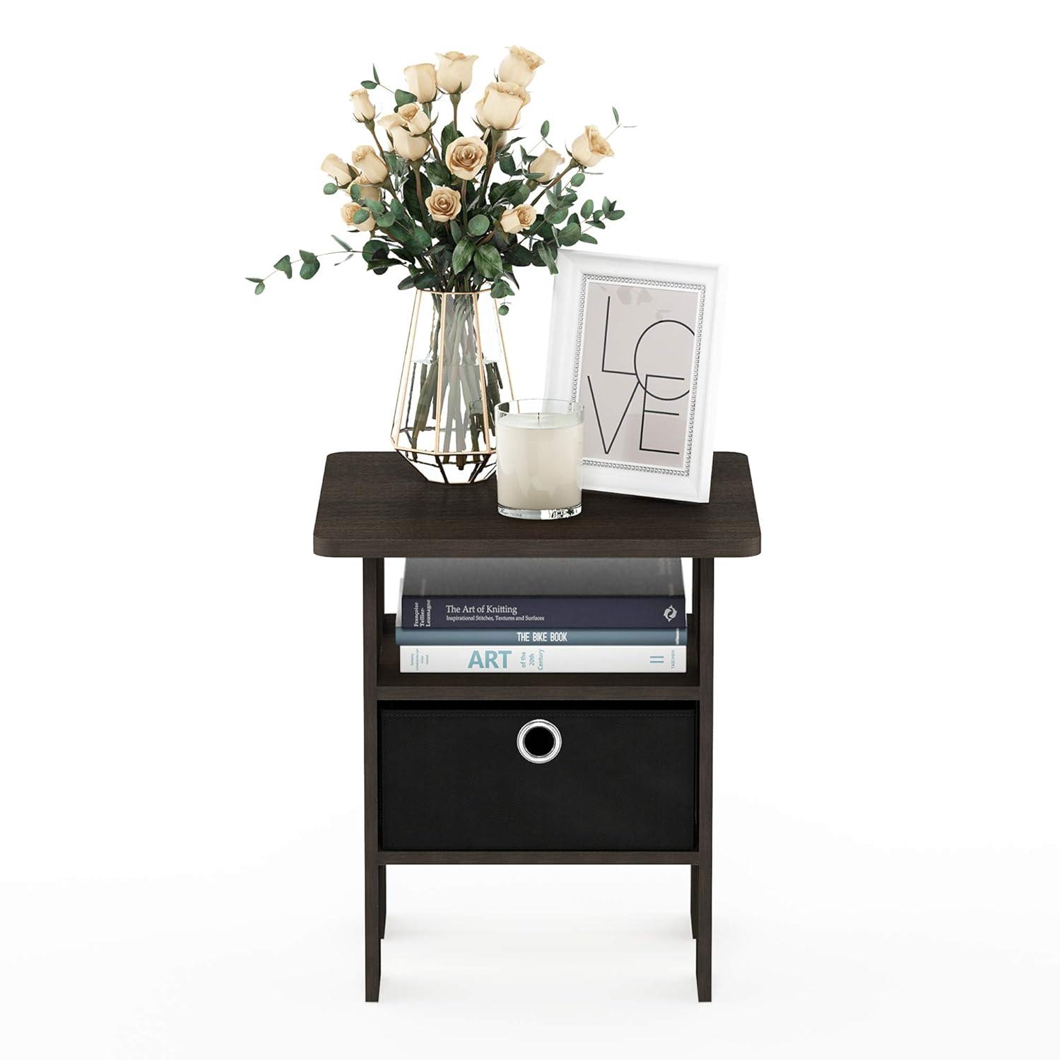 Furinno Andrey Engineered Wood End Table with Bin Drawer in Dark Brown/Black