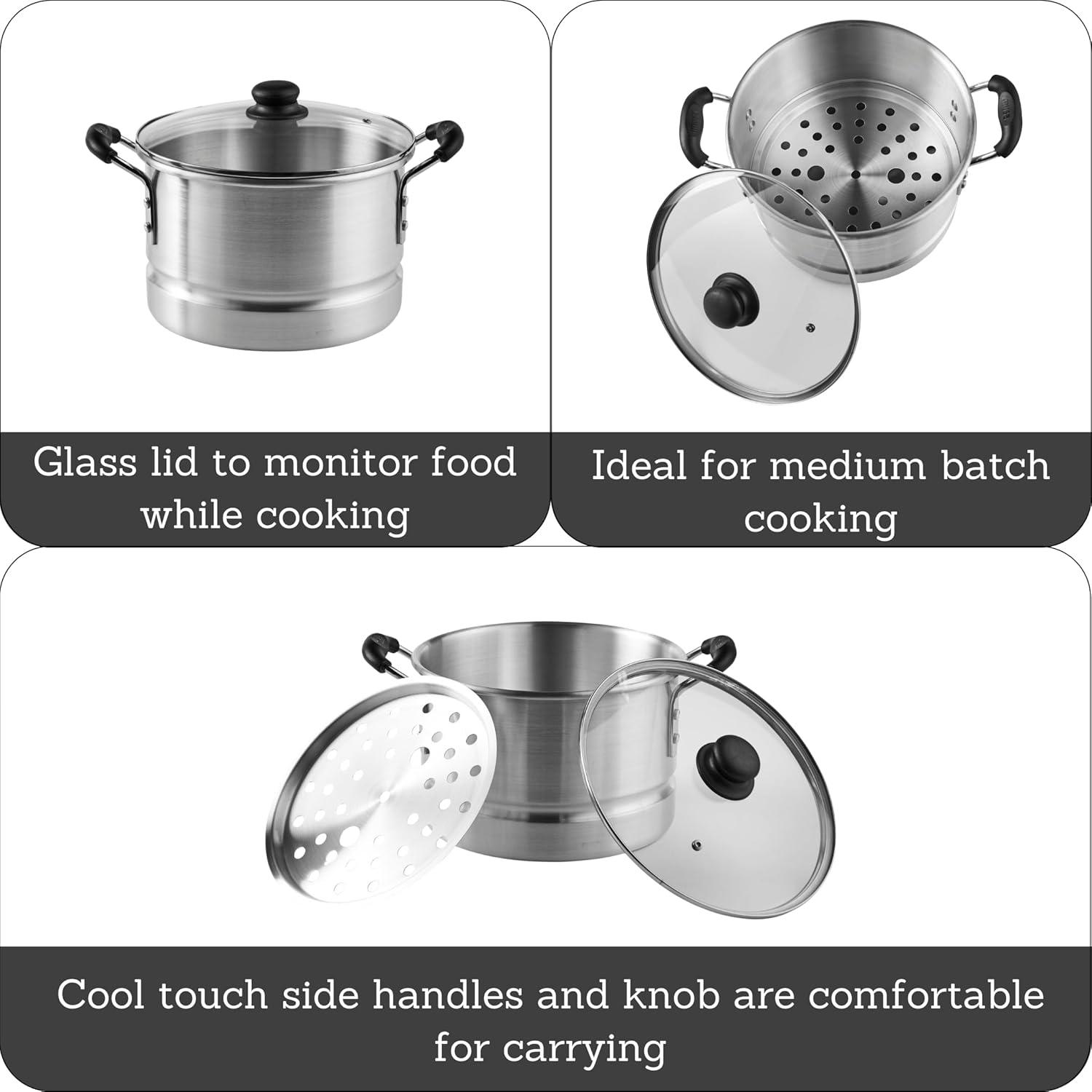 Imusa 10Qt Aluminum Steamer or Stock Pot with Glass Lid & Removable Rack