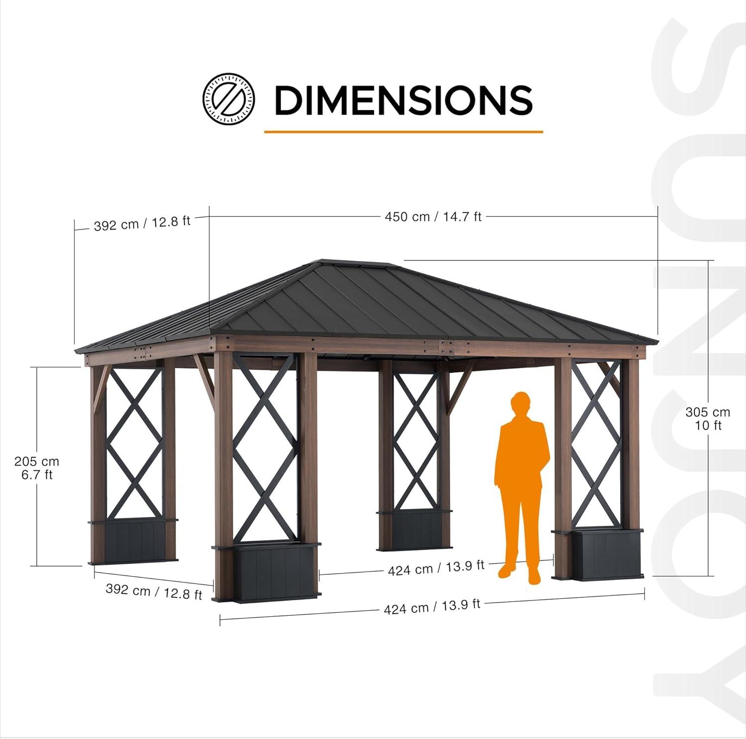 Sunjoy Sunjoy 13 ft. x 15 ft. Hardtop Gazebo, Outdoor Black Steel Roof Gazebo Aluminum Framed Gazebo with Planters and Ceiling Hook for Patio, Garden, and Backyard Activities