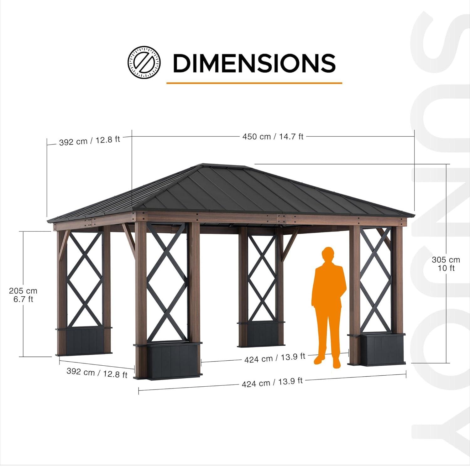 Sunjoy Sunjoy 13 ft. x 15 ft. Hardtop Gazebo, Outdoor Black Steel Roof Gazebo Aluminum Framed Gazebo with Planters and Ceiling Hook for Patio, Garden, and Backyard Activities