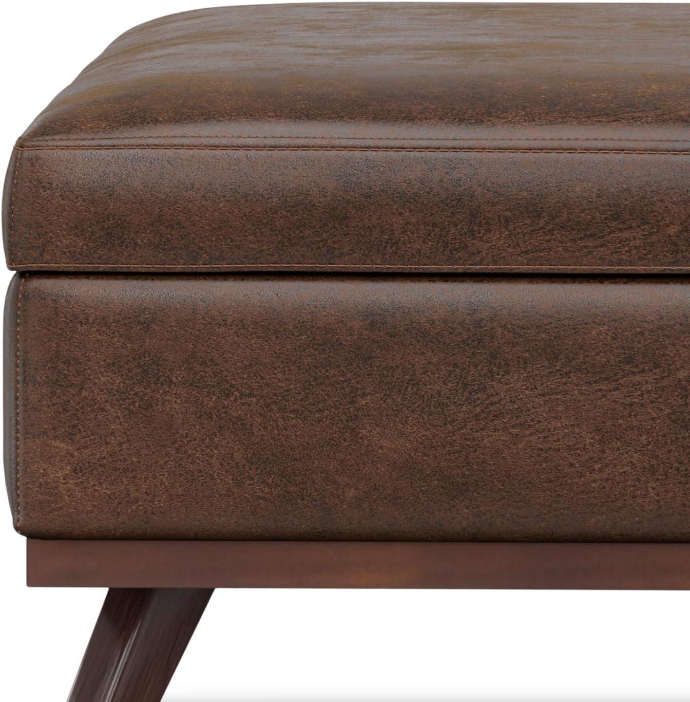 Simpli Home Owen 40 inch Wide Mid Century Modern Square XL Coffee Table Storage Ottoman in Distressed Chestnut Brown Vegan Faux Leather, Assembled