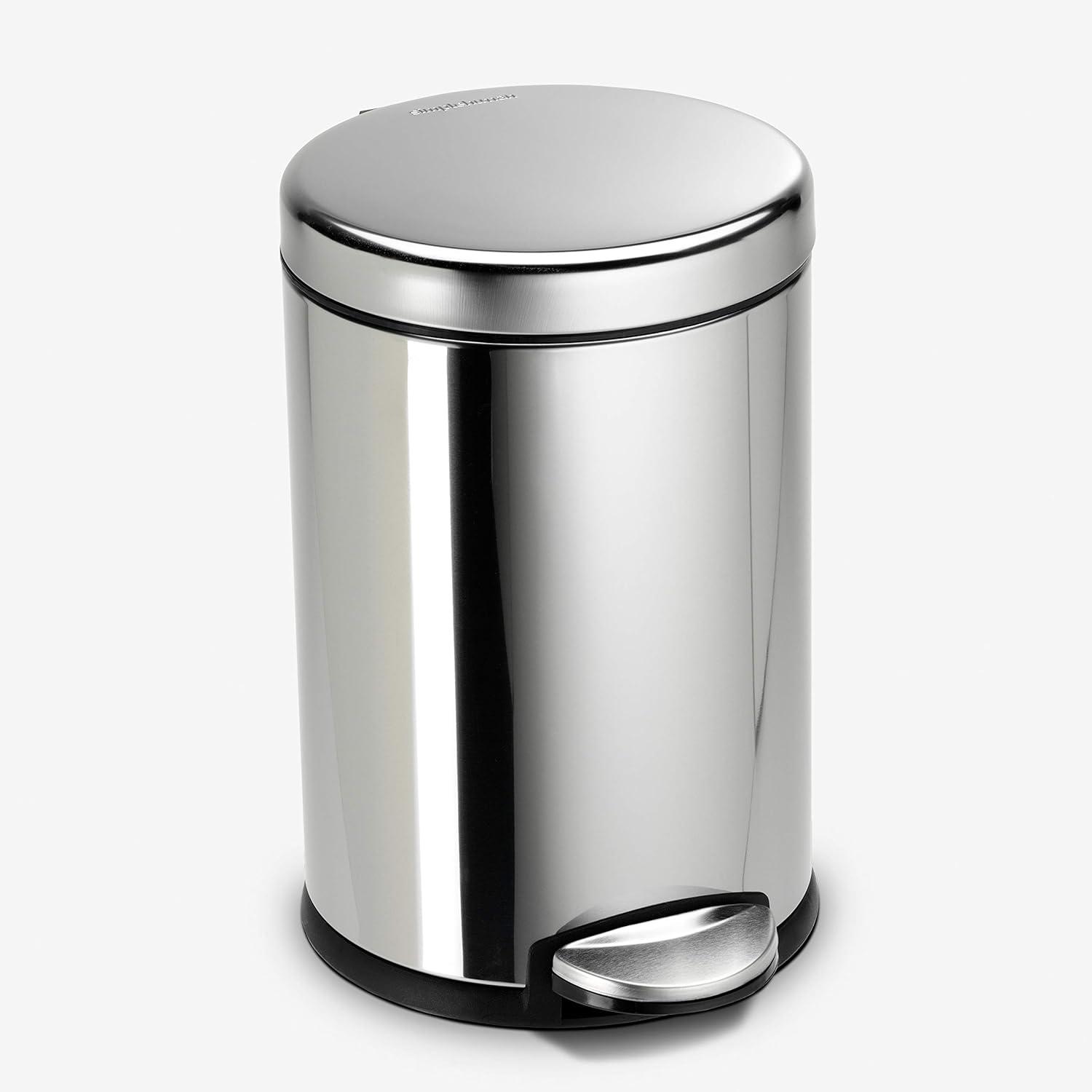 Polished Stainless Steel Round Step Trash Can with Pedal, 1.2 Gallon