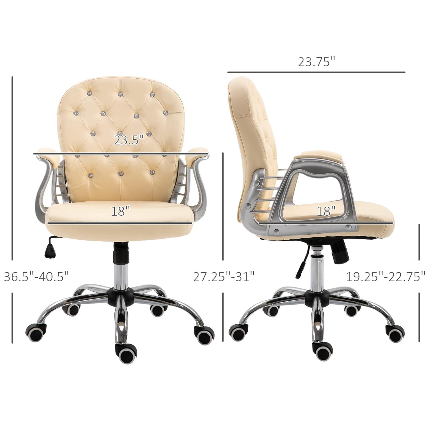 Vinsetto Vanity PU Leather Mid Back Office Chair Swivel Tufted Backrest Task Chair with Padded Armrests, Adjustable Height, Rolling Wheels, Beige