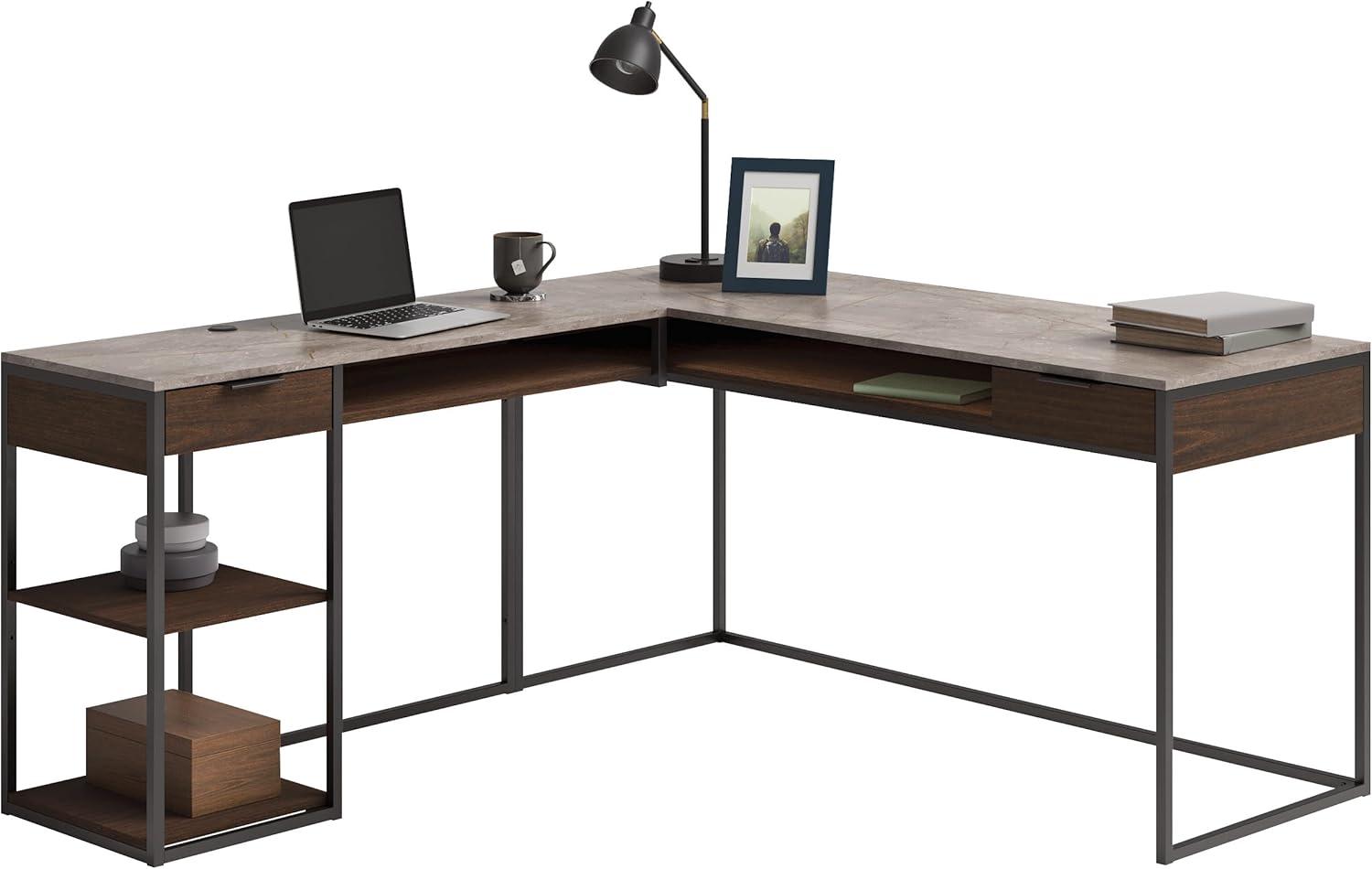 Sauder International Lux Modern L-Shaped Desk, Umber Wood Finish