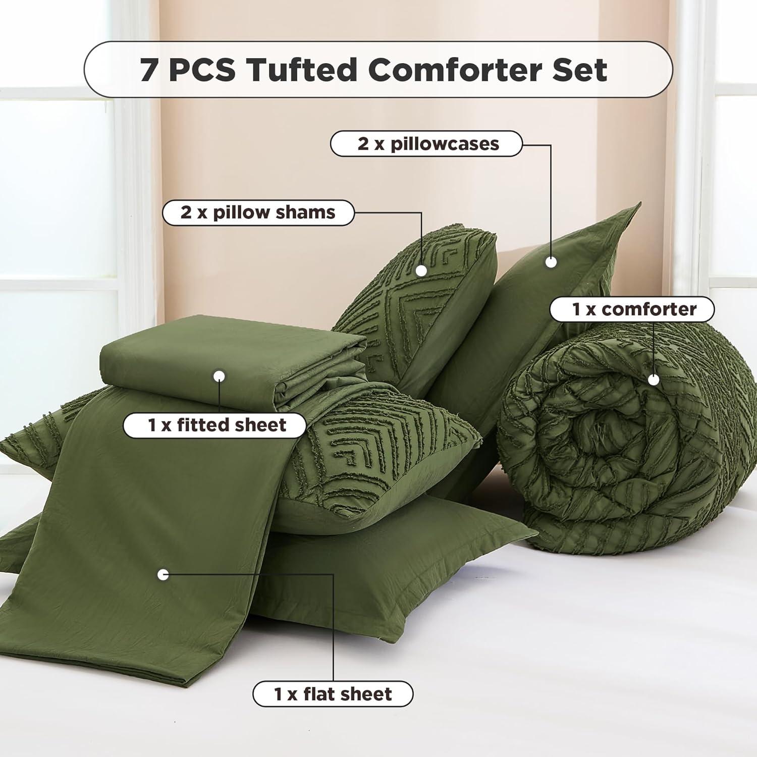 Comforters Queen Size Set with Sheets Dark Emerald Green - 7 Pieces Bed in a Bag Queen Chevron Tufted Complete Beddding Sets with Comforter, Sheets, Pillowcases & Shams