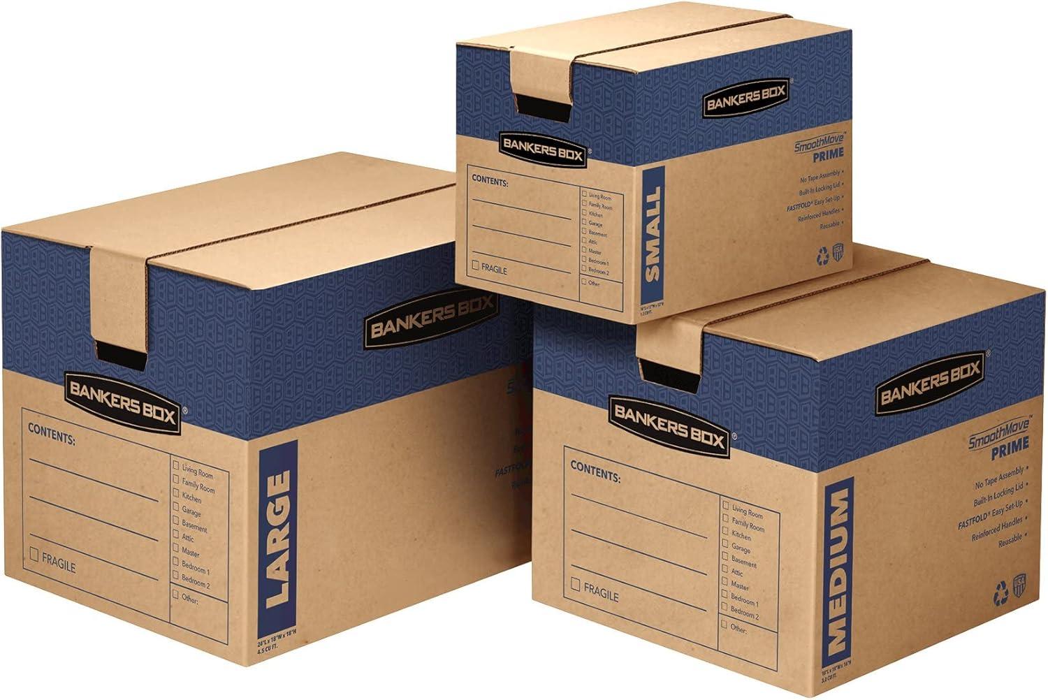 Bankers Box SmoothMove Prime Moving/Storage Boxes, Hinged Lid, Regular Slotted Container (RSC), 18" x 24" x 18", Brown/Blue, 6/Carton