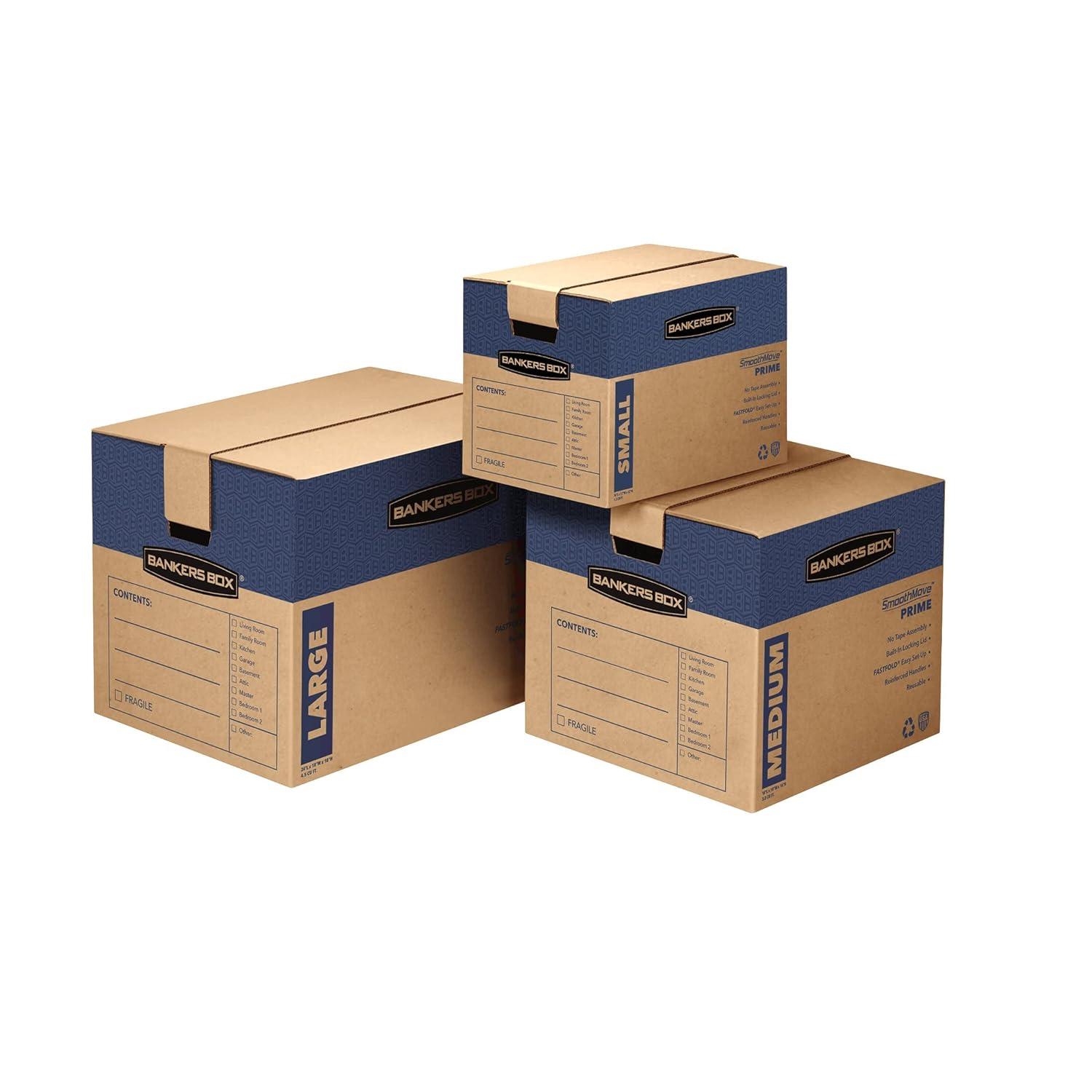 Bankers Box SmoothMove Prime Moving/Storage Boxes, Hinged Lid, Regular Slotted Container, Small, 12" x 16" x 12", Brown/Blue, 10/Carton