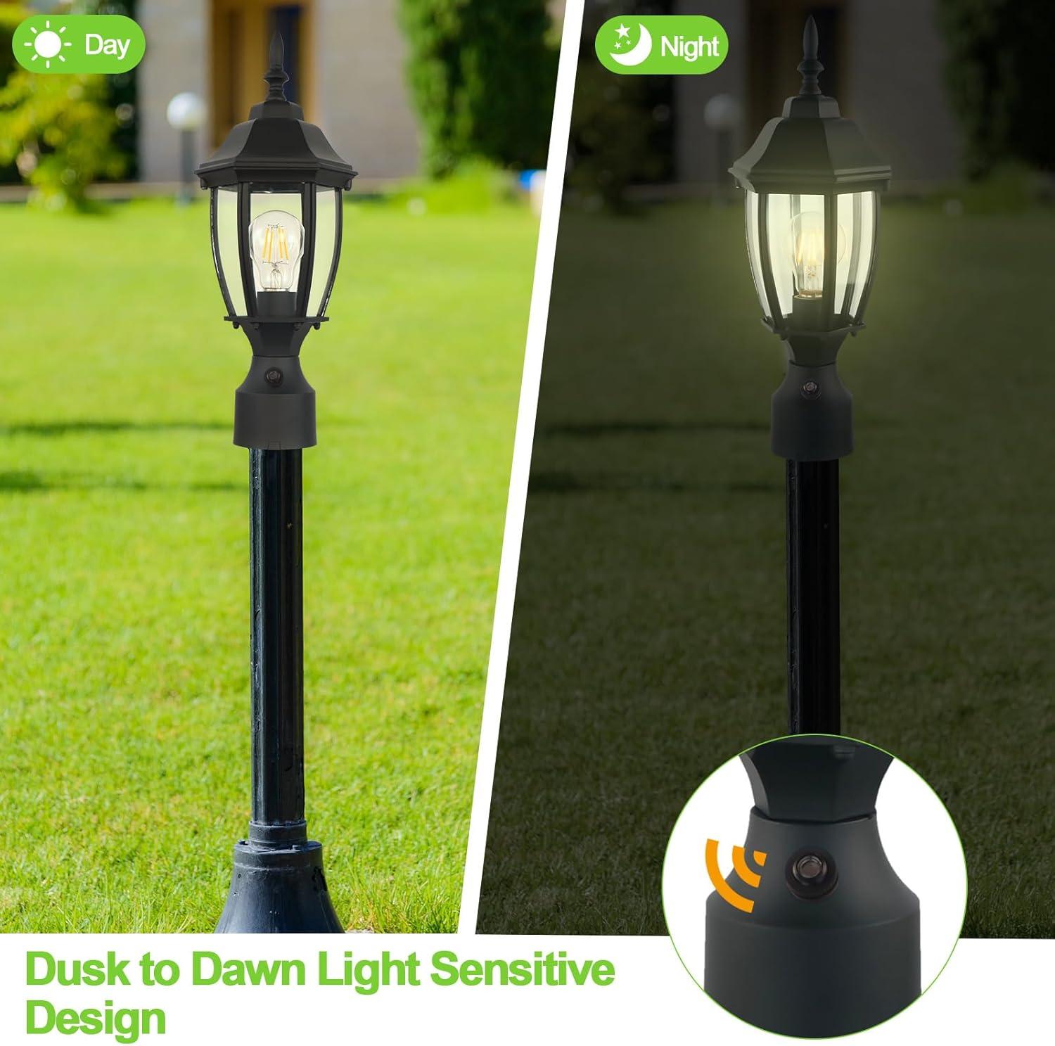 Black Metal Dusk to Dawn Outdoor Post Lights with Clear Glass, 2-Pack