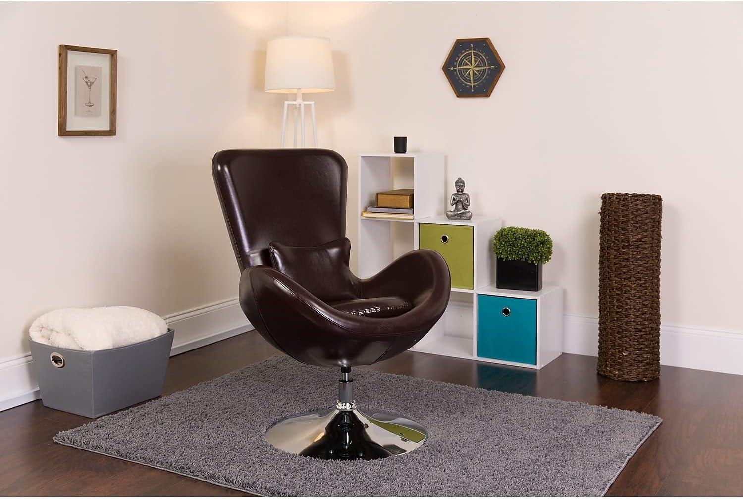 High Back Brown LeatherSoft Swivel Lounge Chair with Chrome Base