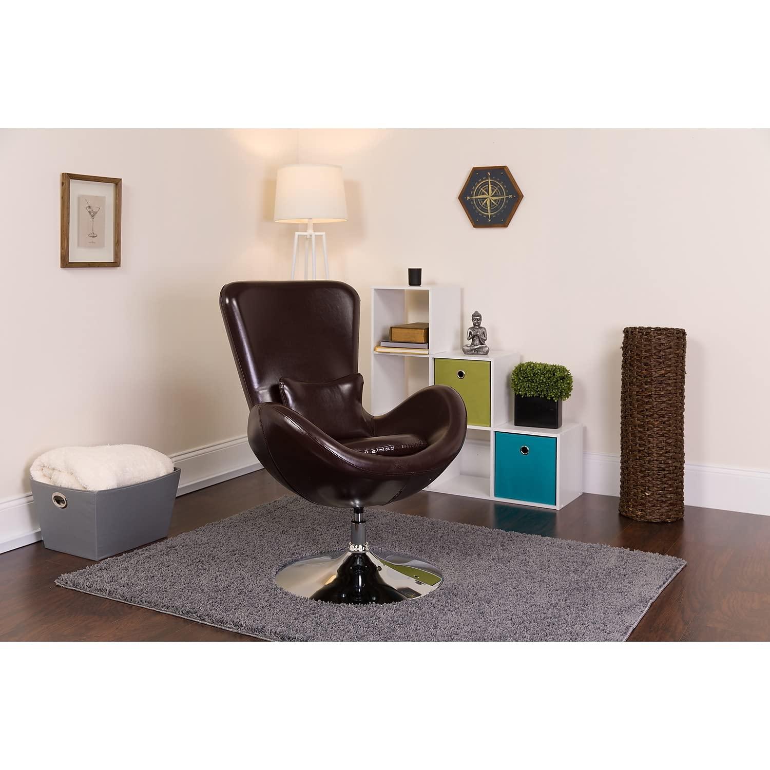 High Back Brown LeatherSoft Swivel Lounge Chair with Chrome Base