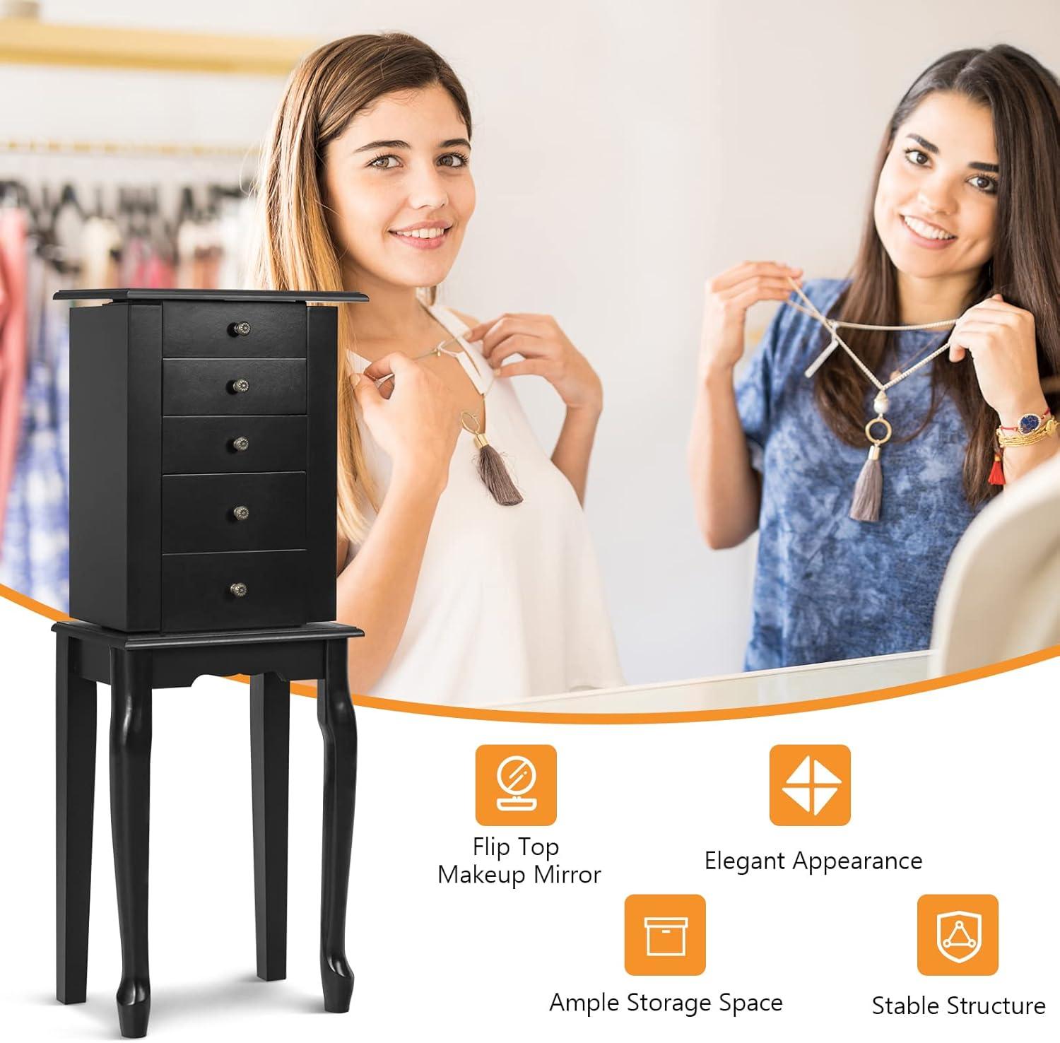 Giantex Jewelry Cabinet Armoire with Top Mirror, 5 Drawers, 2 Swing Doors, Wooden Jewelry Treasure Storage Chest with Large Storage, Standing Jewelry Organizer (Black)