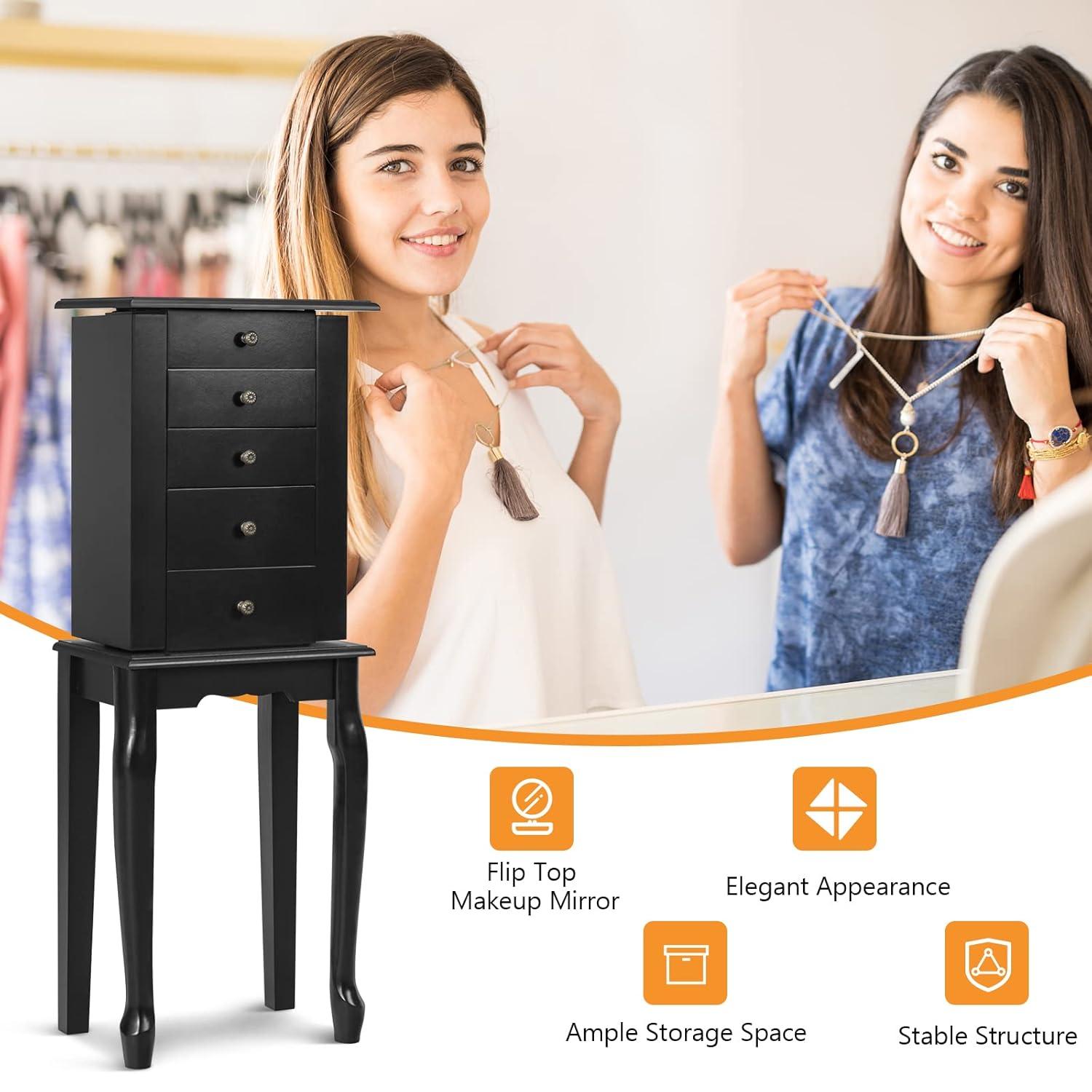 Giantex Jewelry Cabinet Armoire with Top Mirror, 5 Drawers, 2 Swing Doors, Wooden Jewelry Treasure Storage Chest with Large Storage, Standing Jewelry Organizer (Black)