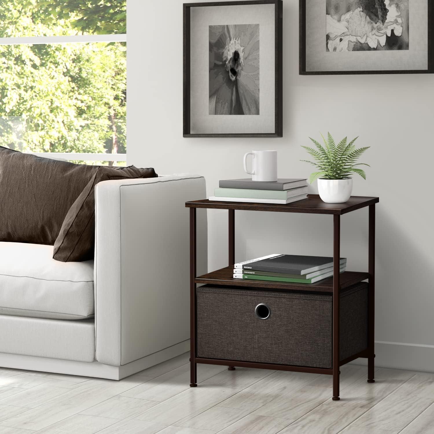 Sorbus Brown Steel Frame Nightstand with Fabric Drawer