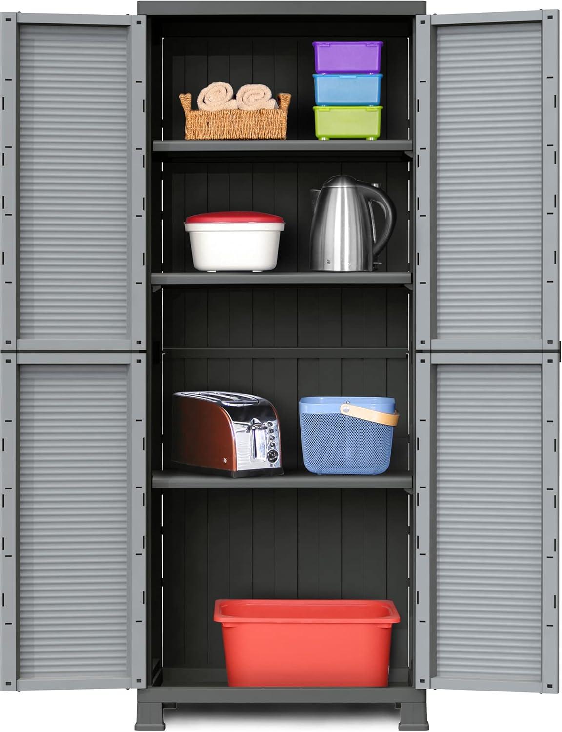 RAM Quality Products PRESTIGE UTILITY Indoor Outdoor Tool Storage Organizing Cabinet with Lockable Double Grey Doors