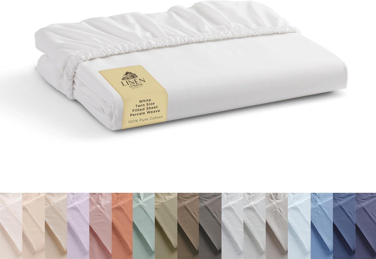 100% Cotton Percale Fitted Sheet Twin Size, White, 1 Deep Pocket Fitted Sheet, Crisp and Cool Strong Bed Linen, 39"X75"+15"