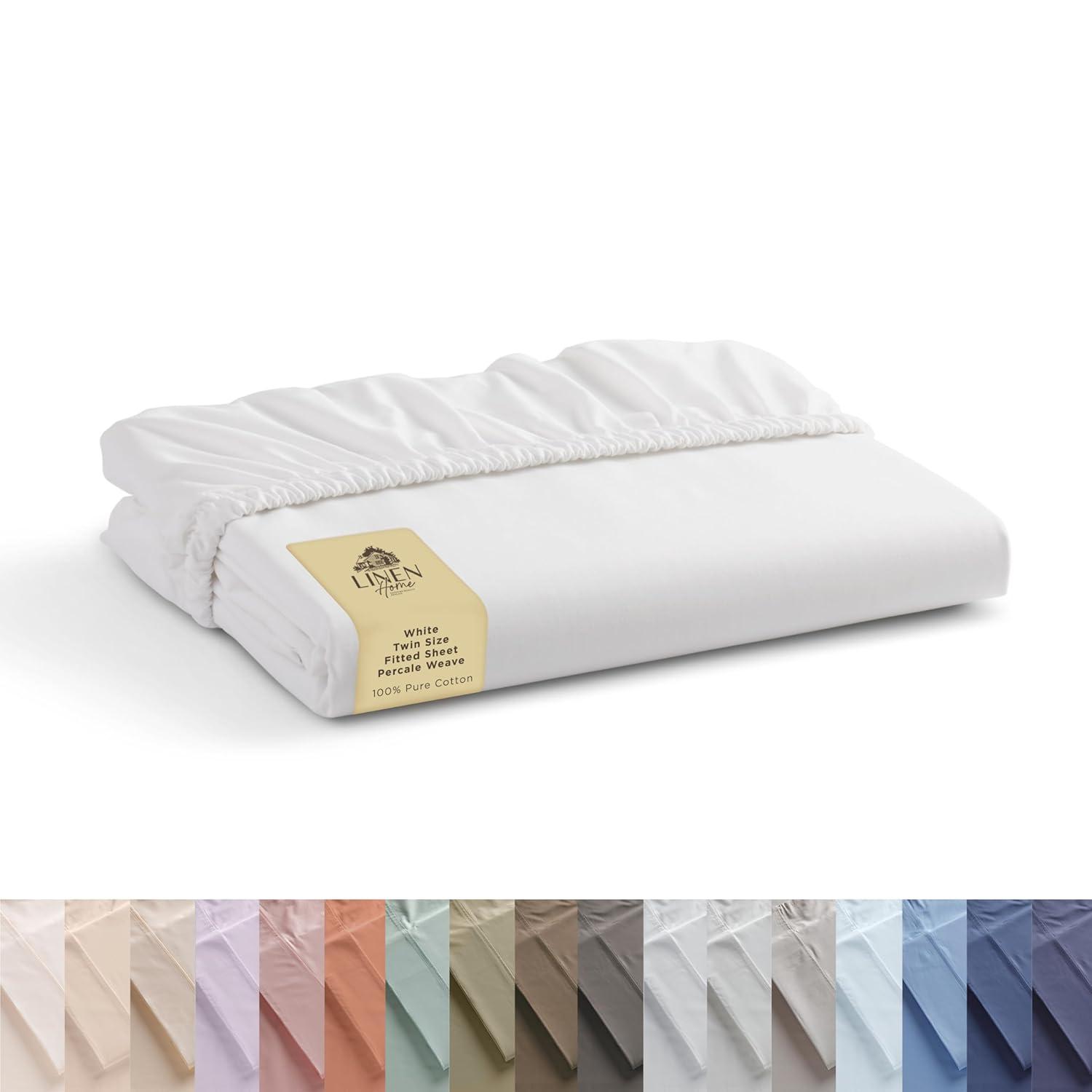 100% Cotton Percale Fitted Sheet Twin Size, White, 1 Deep Pocket Fitted Sheet, Crisp and Cool Strong Bed Linen, 39"X75"+15"