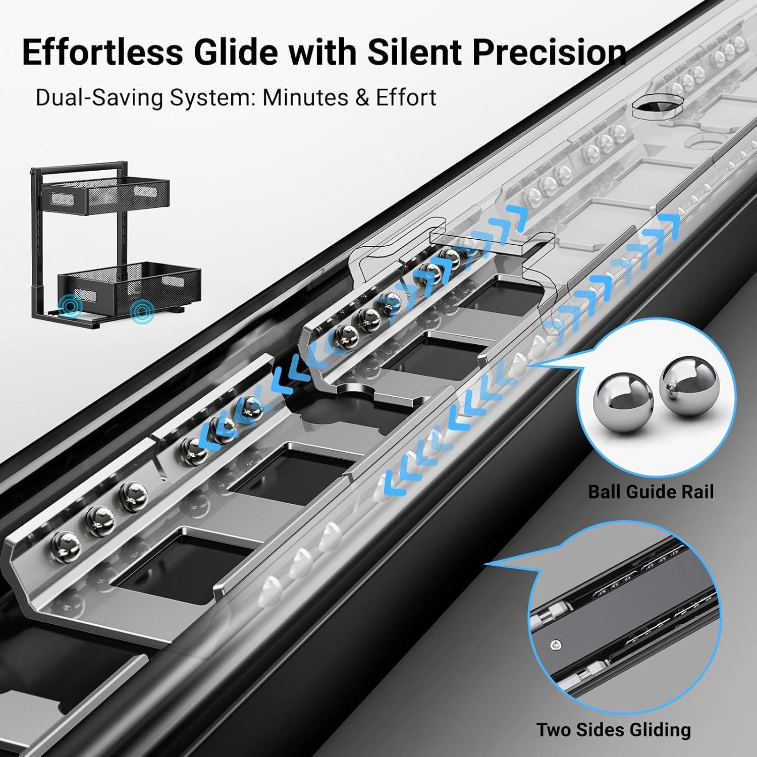 2-Tier Metal Under Sink Organizer, Pull Out Smoothly Under Kitchen Sink Organizer with Track, Large Capacity Heavy Load Under Sink Storage for Kitchen and Bathroom