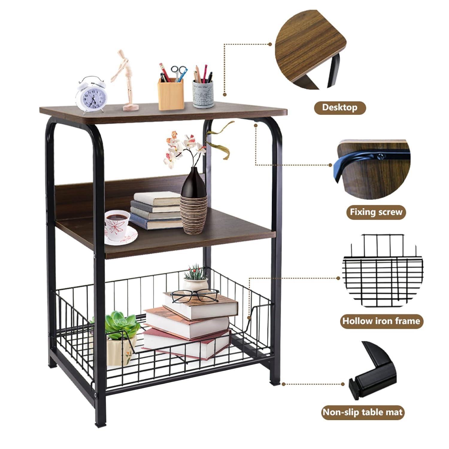 aboxoo End Table Side Table 3 Tiers Nightstand Industrial Retro Storage Shelf for Living Room Bedroom Kitchen Family and Office,Stable Wood and Metal Frame