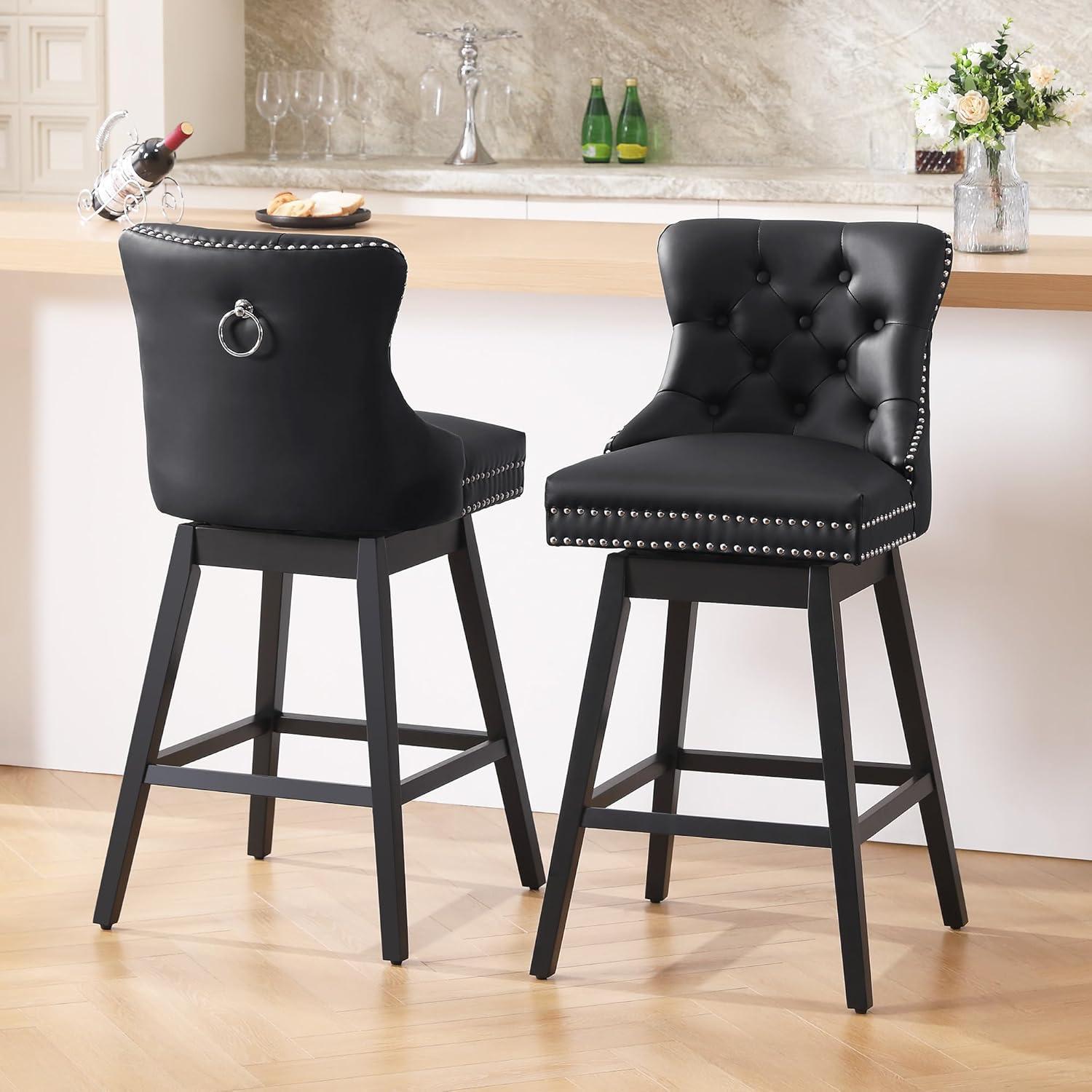 Dycanpo 26'' Swivel Bar Stools Set of 2, Upholstered Barstool with Footrest for Kitchen,Black-Faux Leather