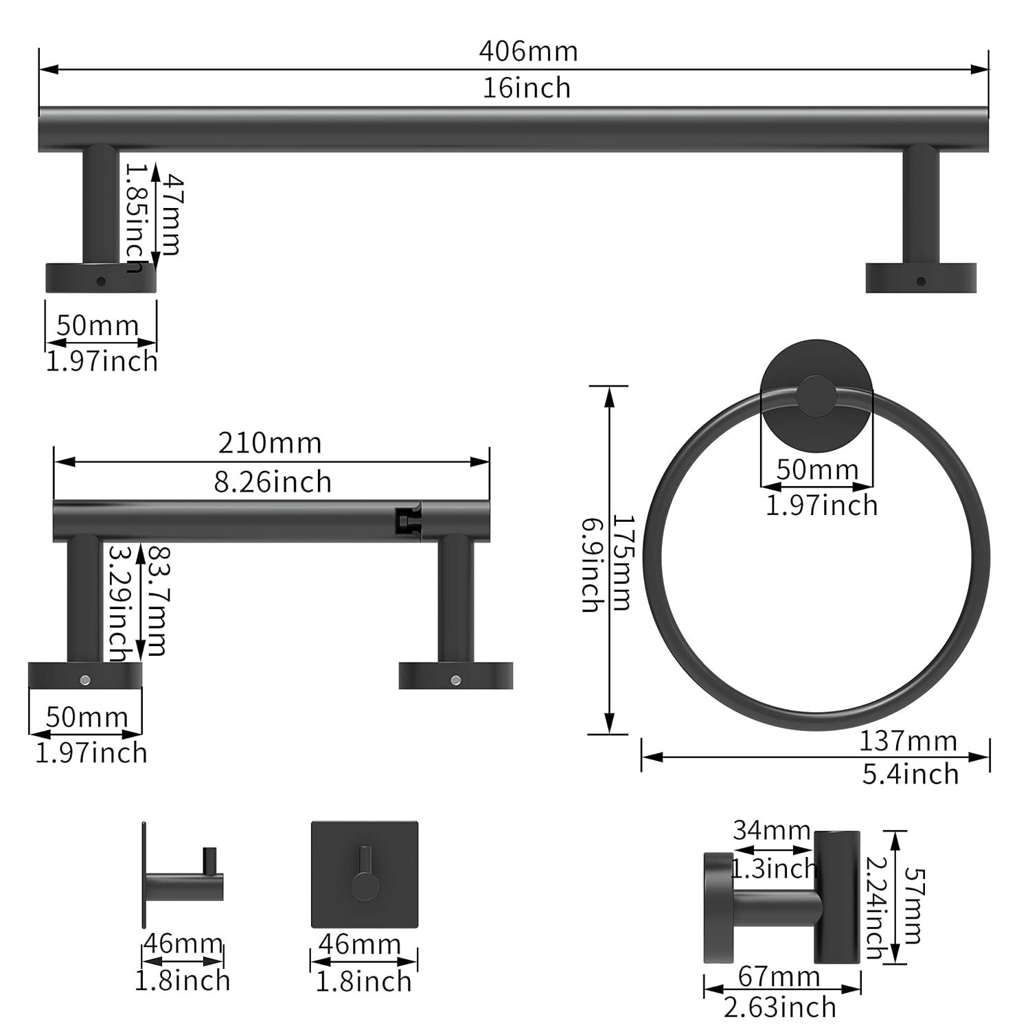6 PCS Bathroom Hardware Set, Including 16" Hand Towel Bar, Toilet Paper Holder, Towel Ring, Robe Towel Hooks, Bathroom Accessories Kit(Matte Black)