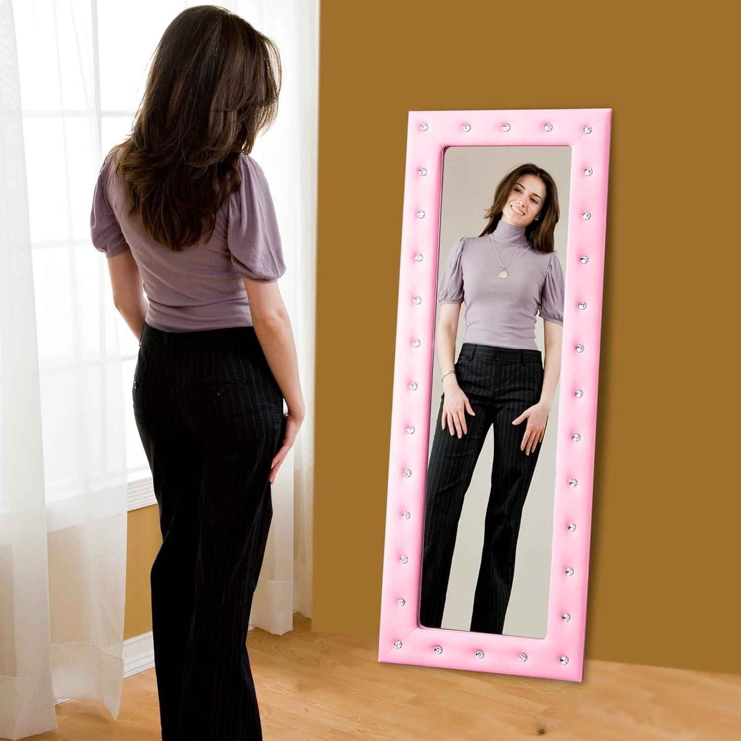Naomi Home Crystal Tufted Floor Mirror Full Length 63 LX22 W Wall Mirror Full Length Standing Wall with Faux Wood Frame Mirrors for Bedroom - Pink